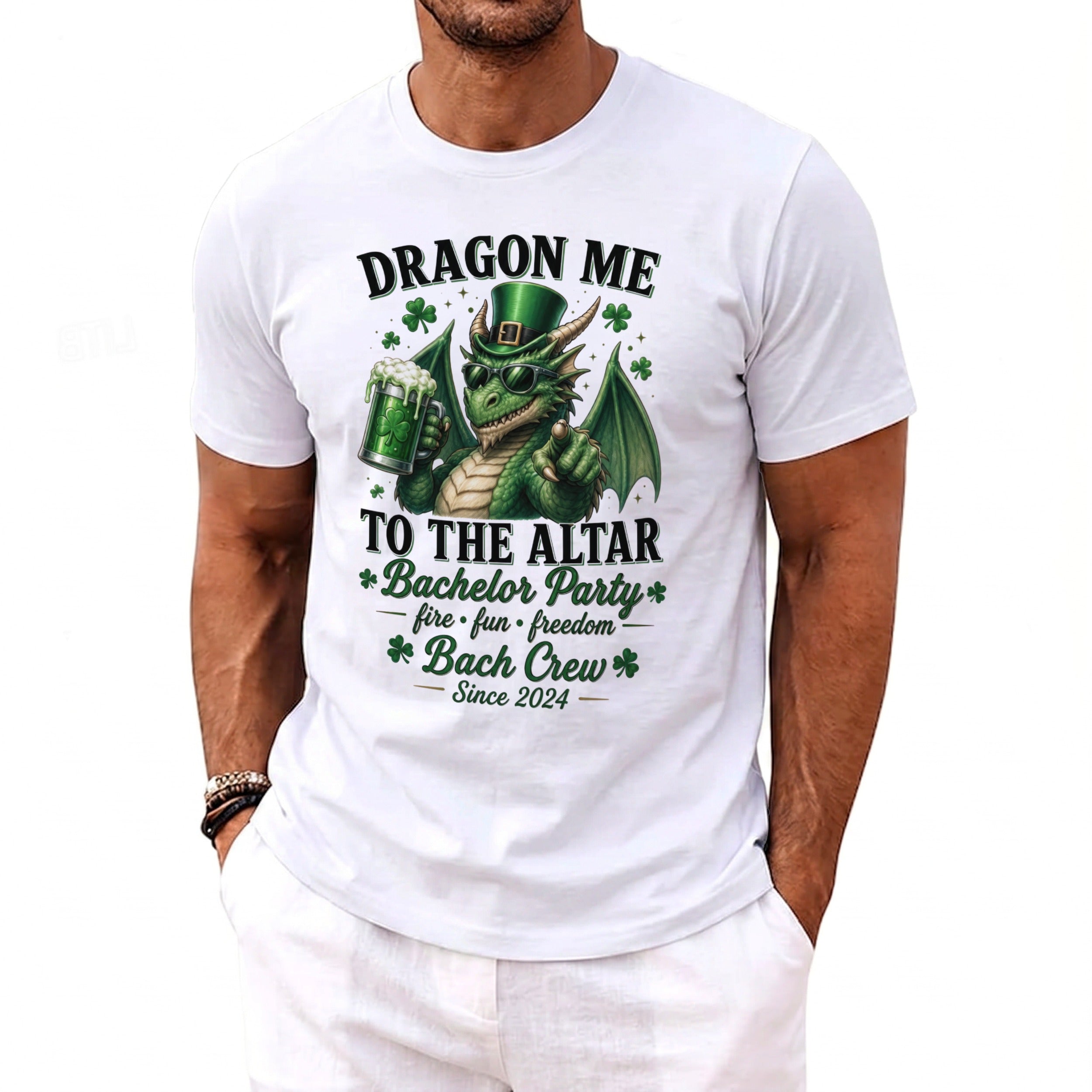 Dragon holding beer mug, wearing sunglasses and hat, "Dragon Me to the Altar Bachelor Party Bach Crew Since 2024" text.