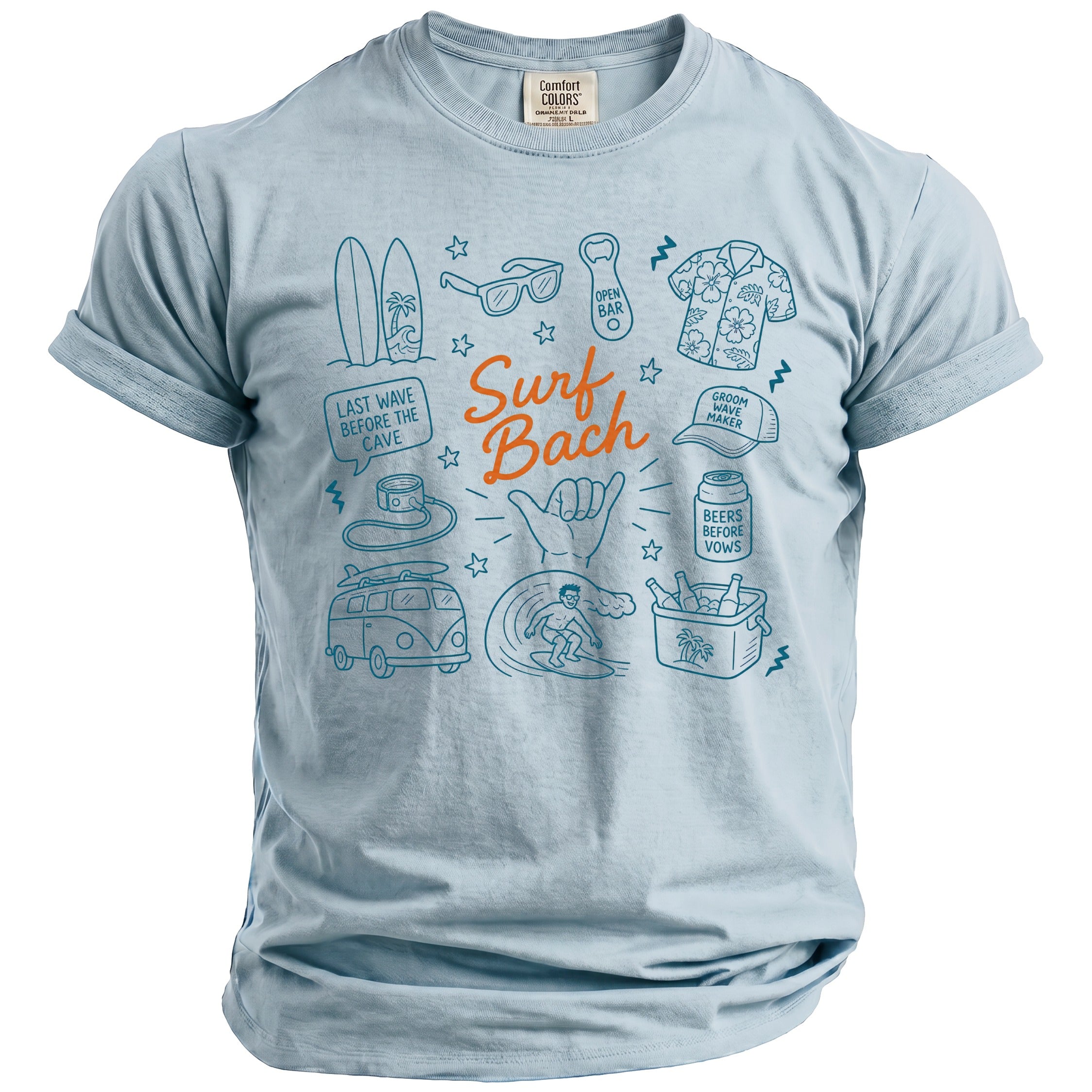 Light blue t-shirt with orange and teal "Surf Bach" graphic featuring surfboards, van, and beach icons.