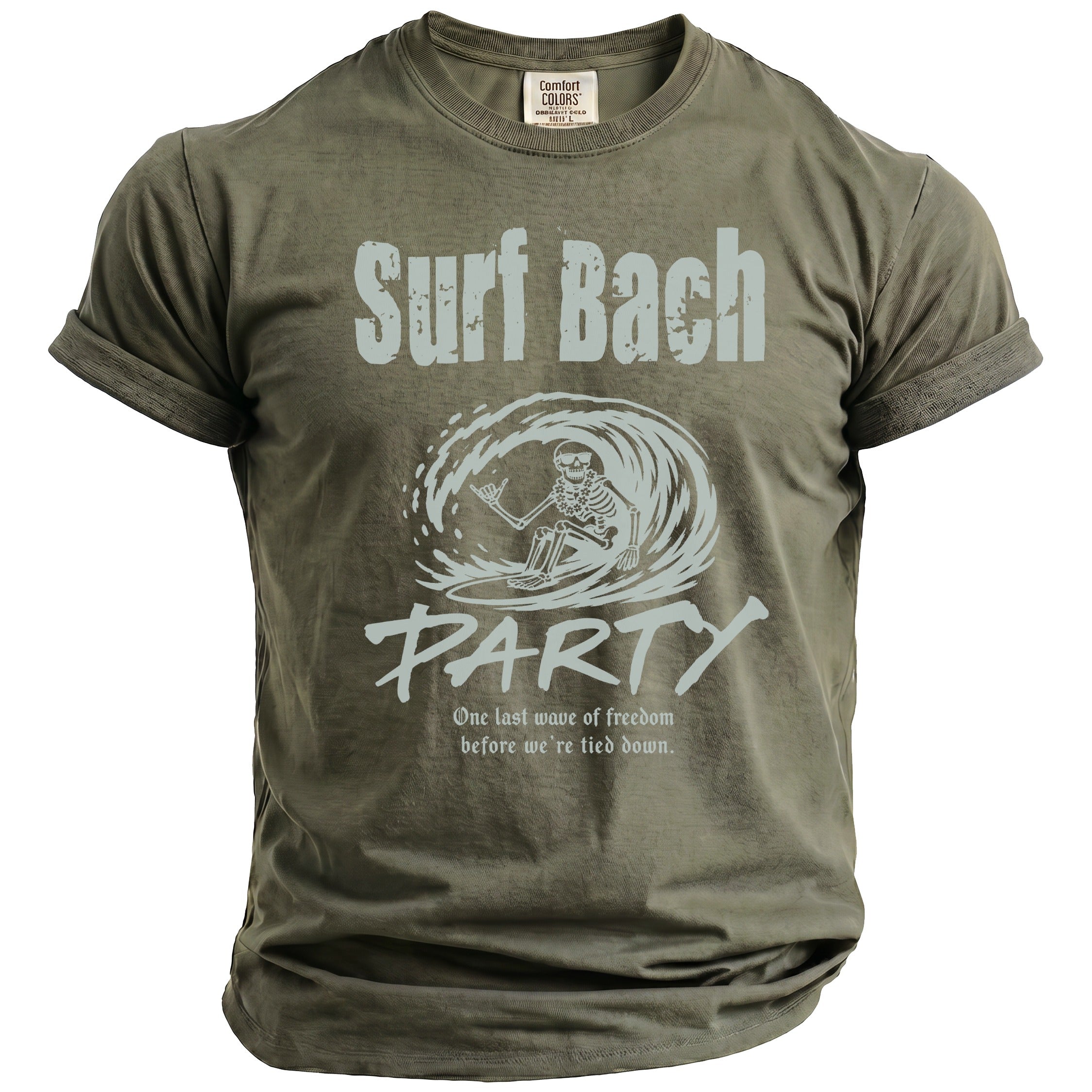 Olive green t-shirt with "Surf Bach PARTY" text and skeleton surfer graphic.