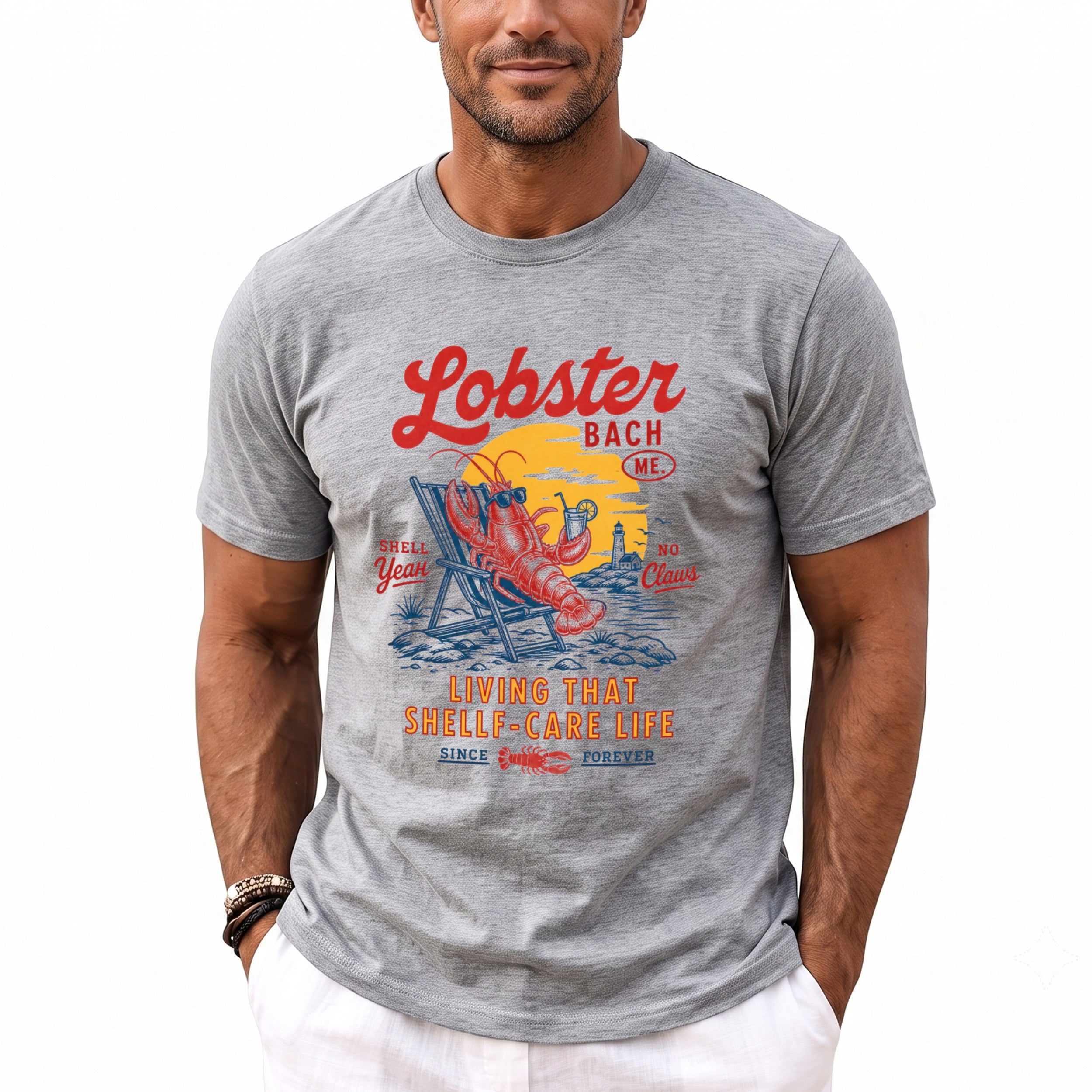 Grey t-shirt with lobster graphic: "Lobster Bach ME. Living That Shellf-Care Life".