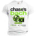 White t-shirt with "chase's bach" in black and neon green, disco ball, and party graphics.