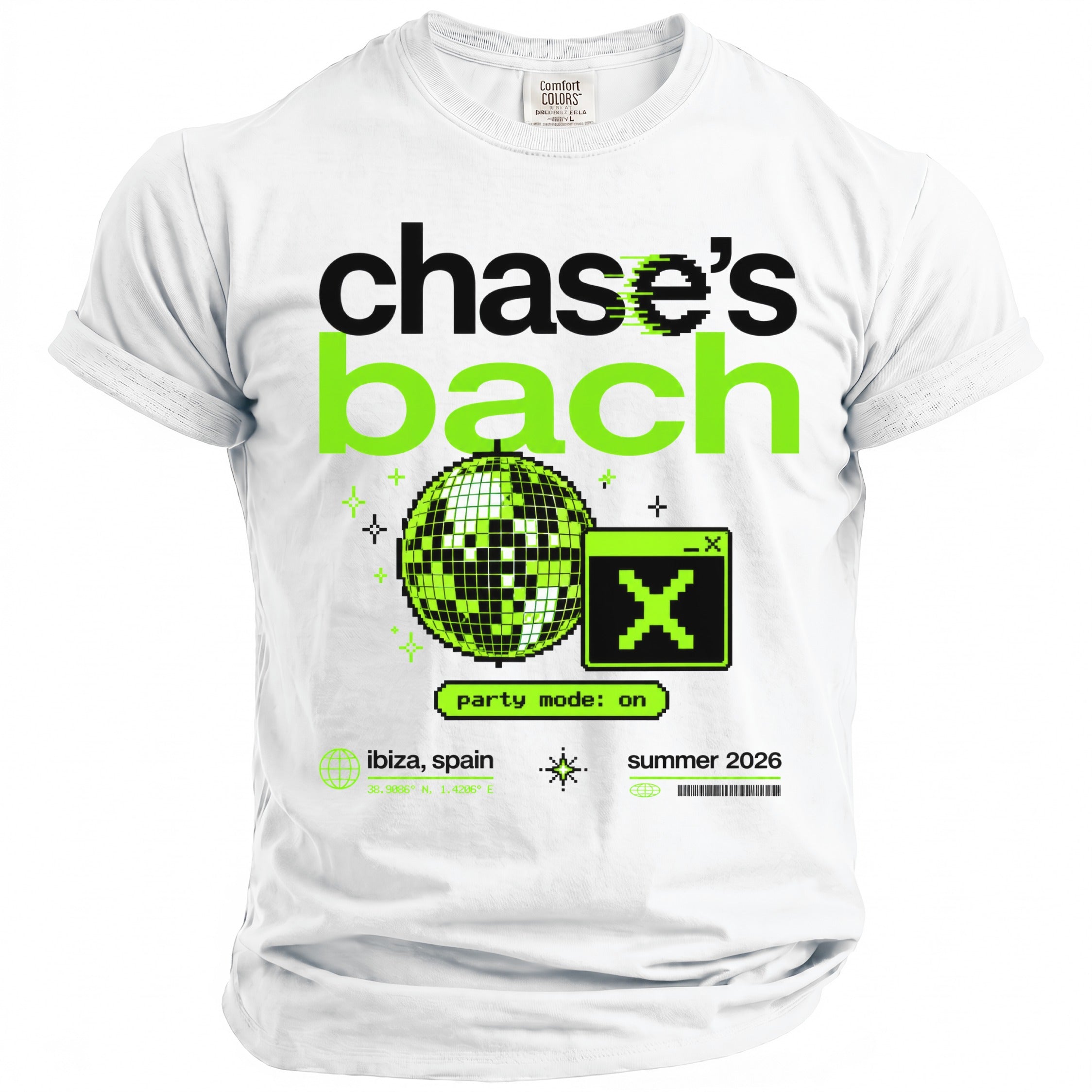 White t-shirt with "chase's bach" in black and neon green, disco ball, and party graphics.