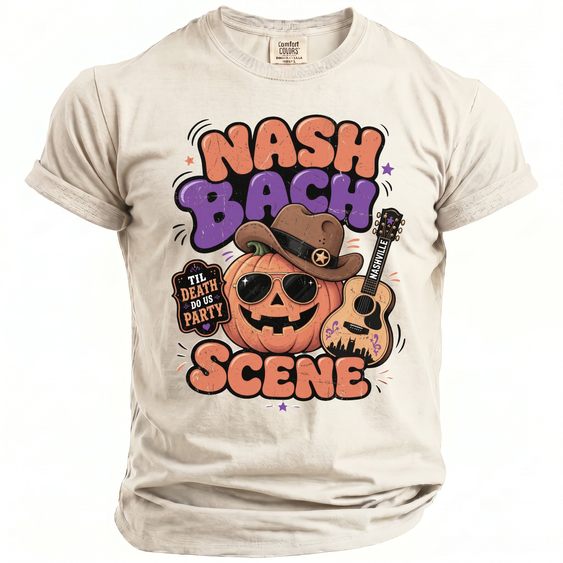 Nash Bach Scene graphic with pumpkin, cowboy hat, sunglasses, and guitar.