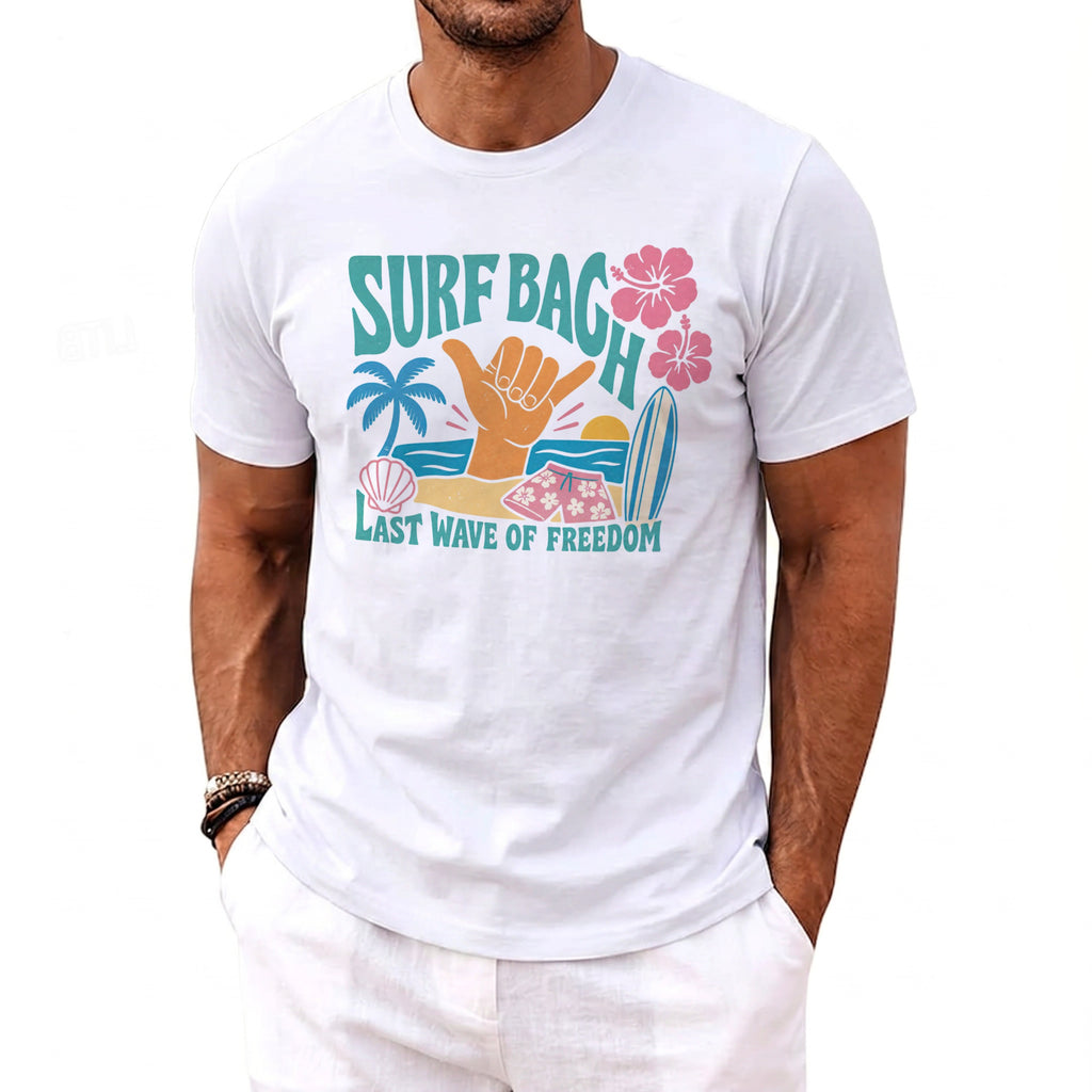 White t-shirt with "Surf Bag H Last Wave of Freedom" graphic.
