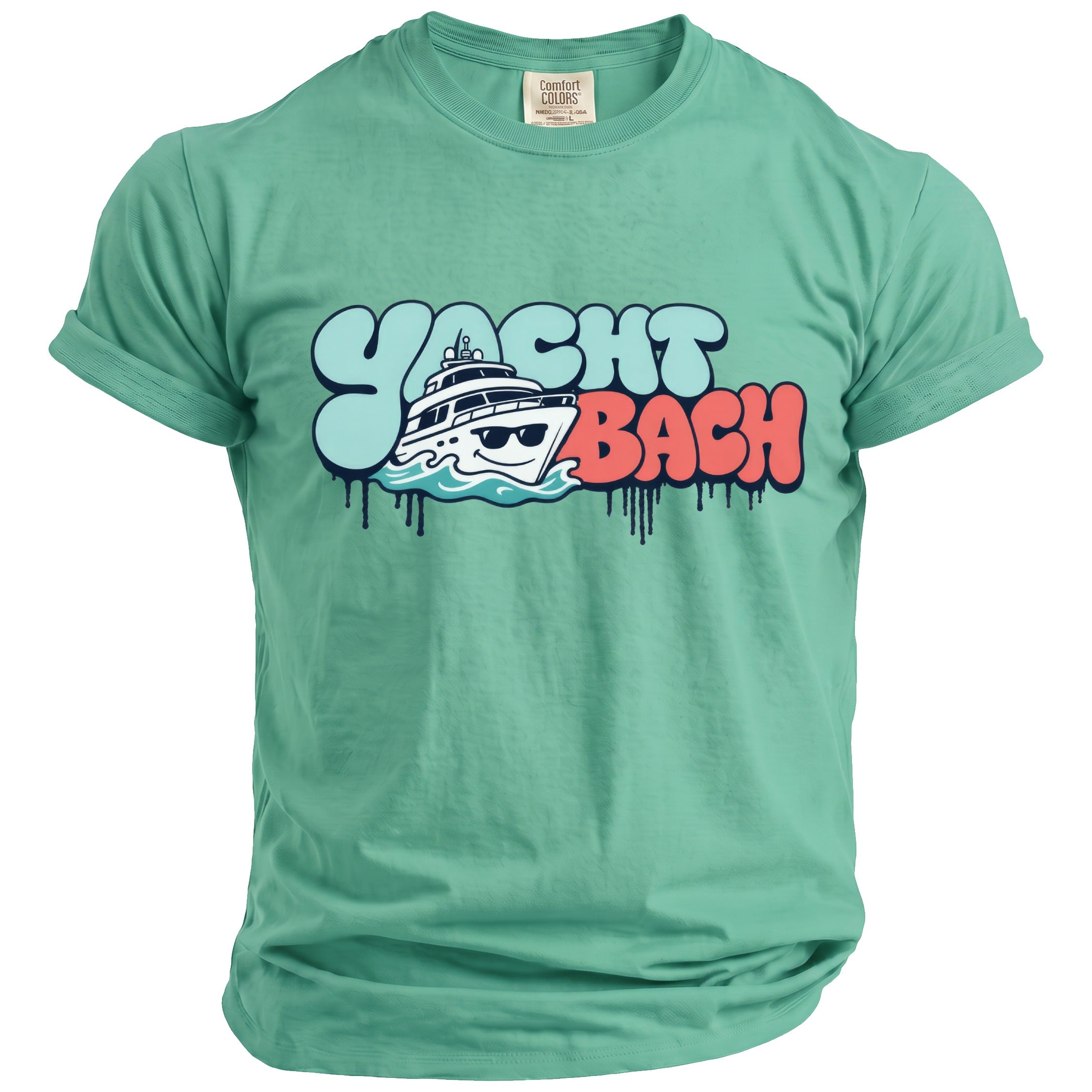 Mint green t-shirt with "Yacht Bach" text featuring a boat with sunglasses.