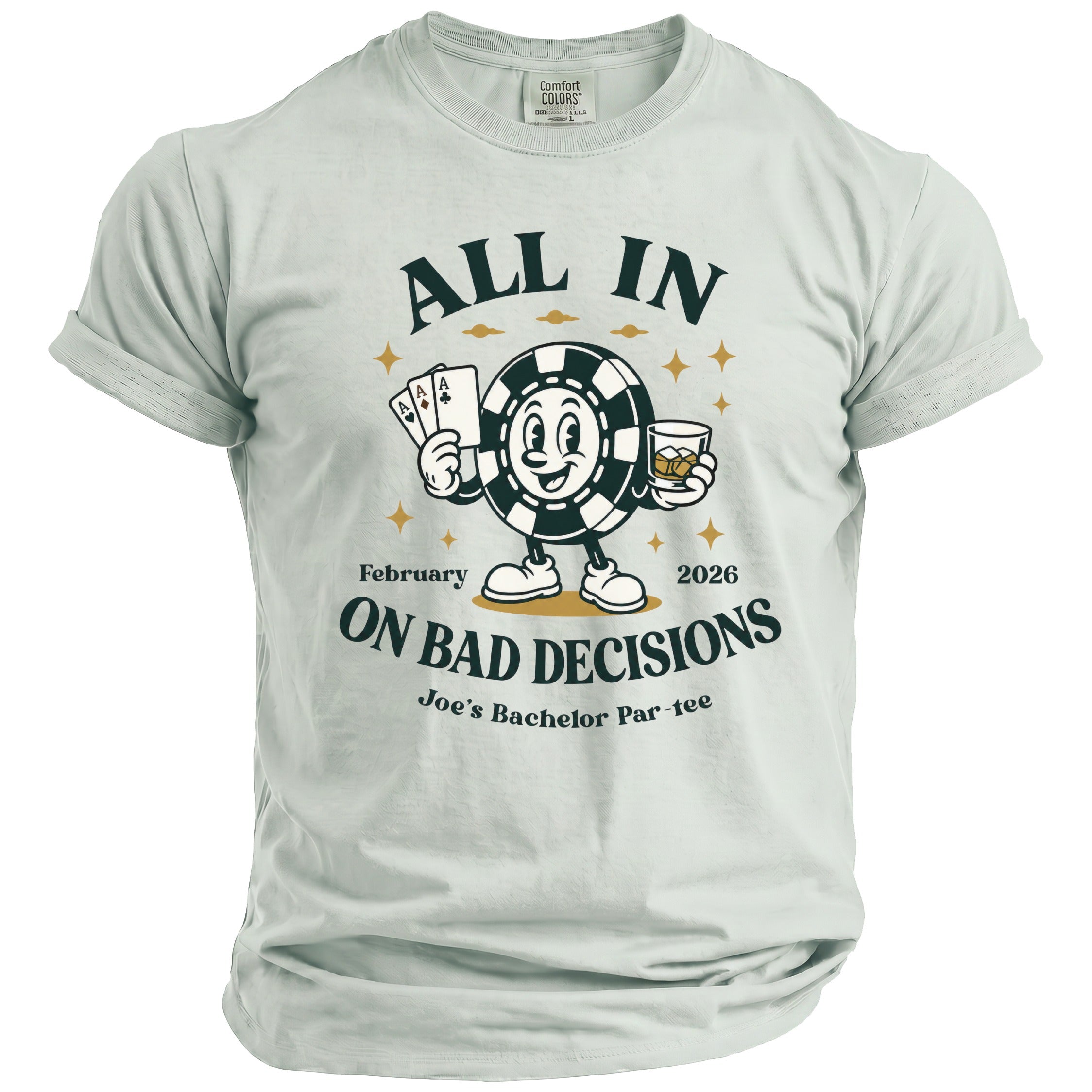 T-shirt with poker chip character, cards, drink, and text.