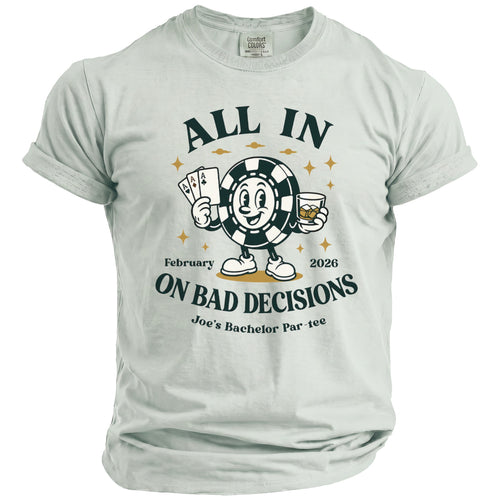 T-shirt with poker chip character, cards, drink, and text.