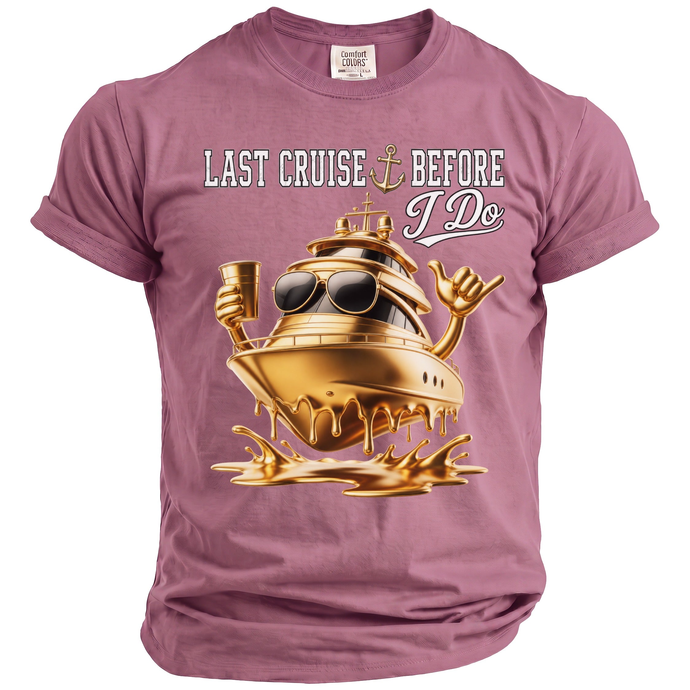 Pink t-shirt with "Last Cruise Before I Do" text and gold yacht graphic.