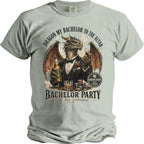 Dragon in tuxedo holds beer and ring with "Bachelor Party" text.