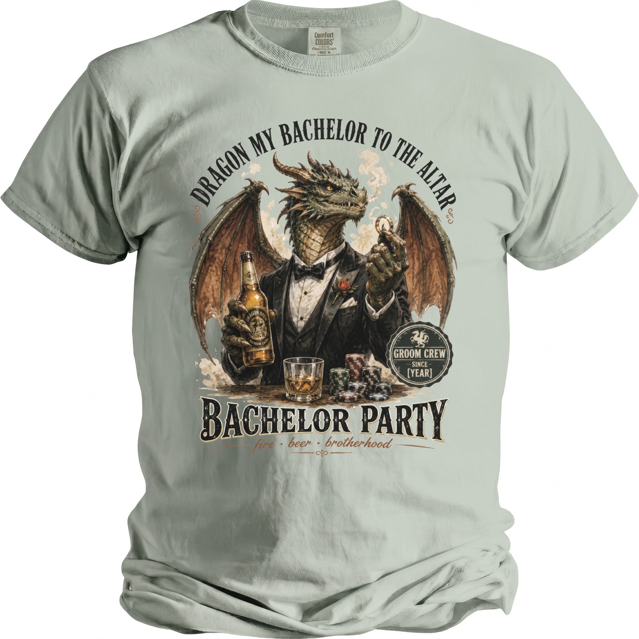 Dragon in tuxedo holds beer and ring with "Bachelor Party" text.