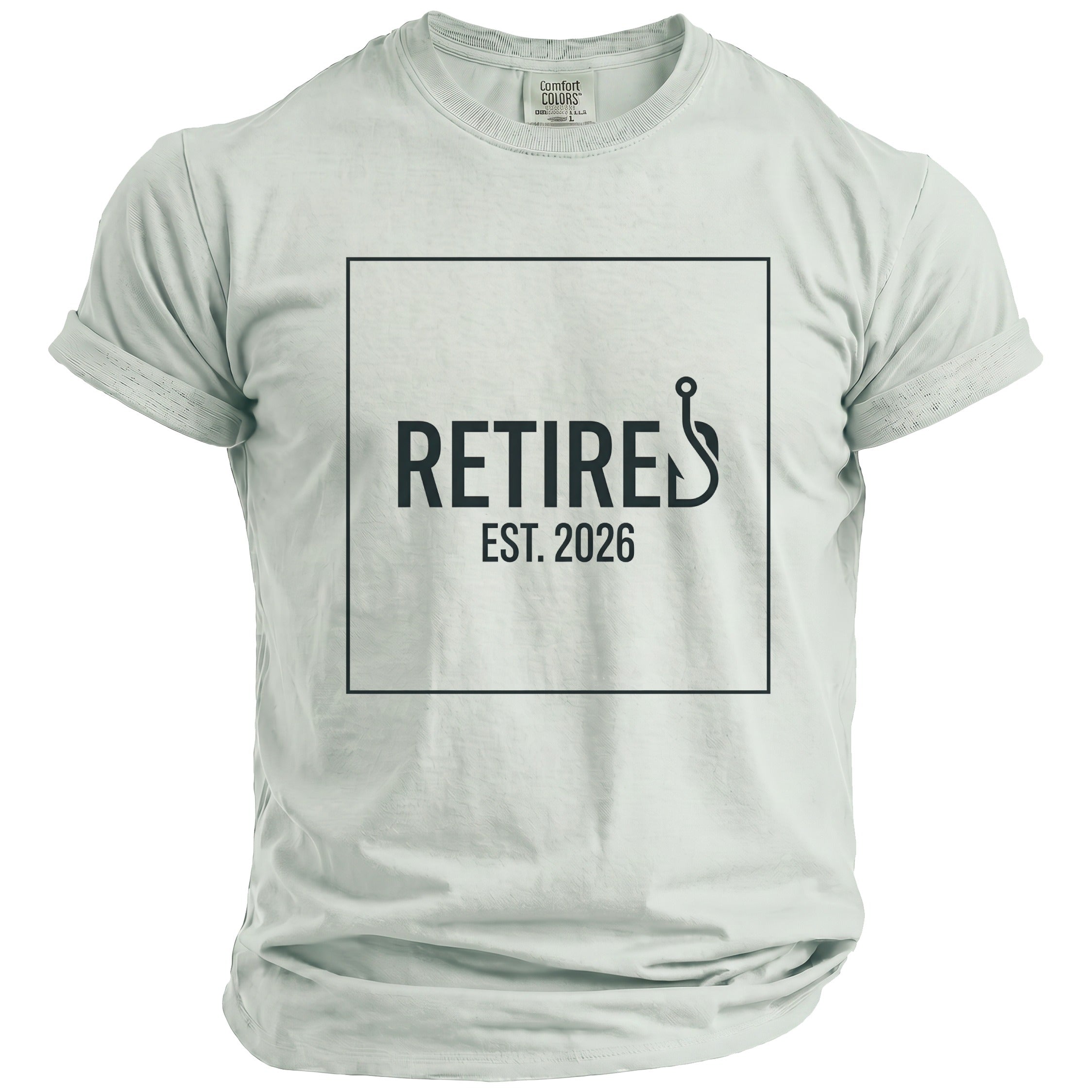 Light blue t-shirt with "RETIRED EST. 2026" and a fishing hook graphic.