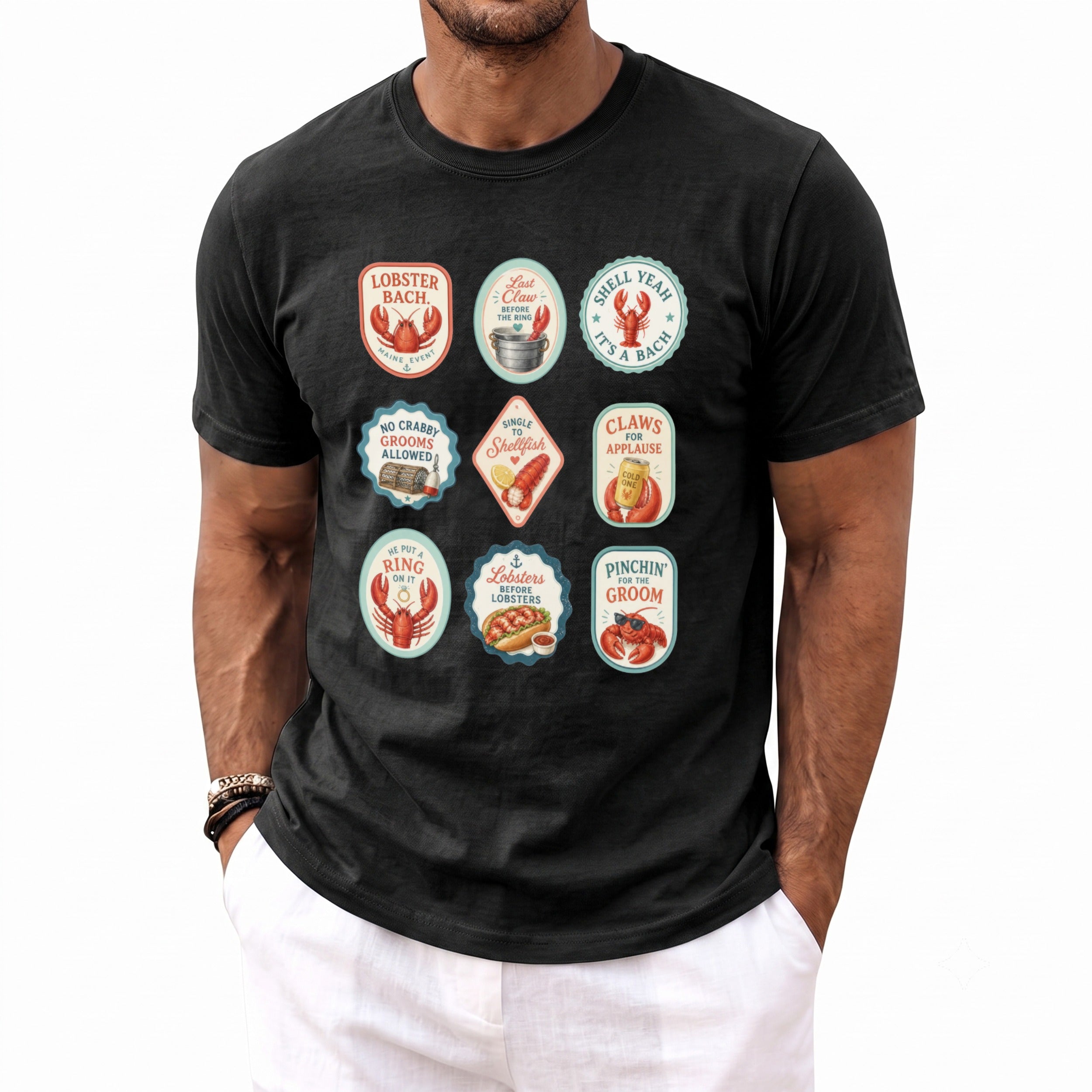 Black t-shirt with nine oval and diamond-shaped graphics featuring lobsters and nautical text.