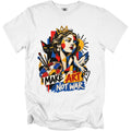 White t-shirt with abstract "Make Art Not War" graphic featuring a crowned woman, cat, and dove.