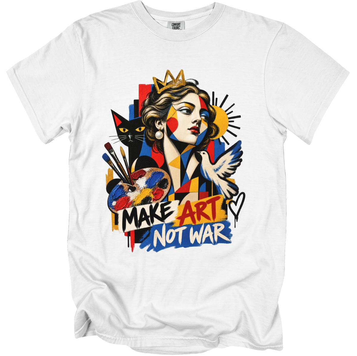 White t-shirt with abstract "Make Art Not War" graphic featuring a crowned woman, cat, and dove.