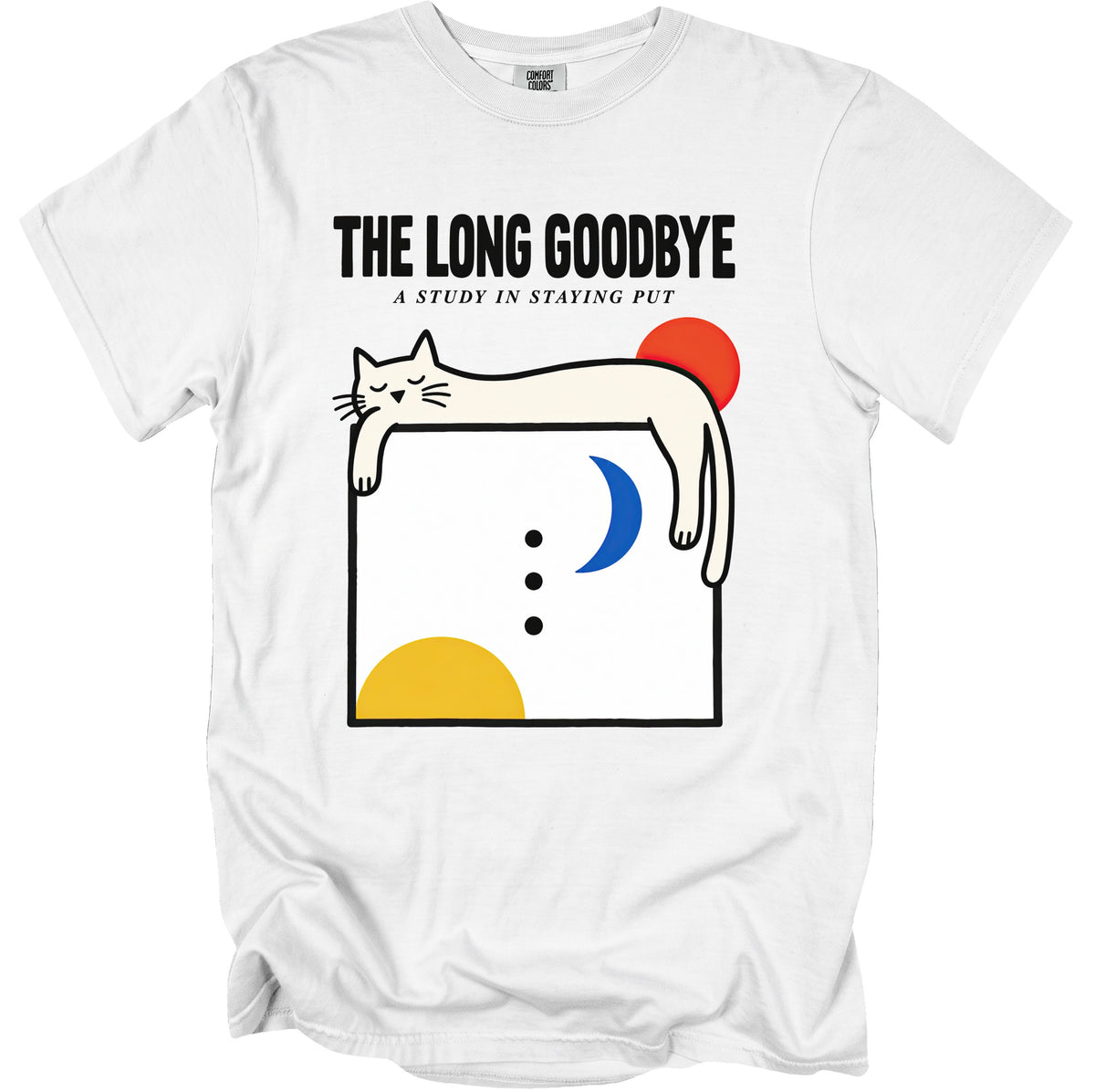 White t-shirt with graphic "The Long Goodbye" and a sleeping cat.