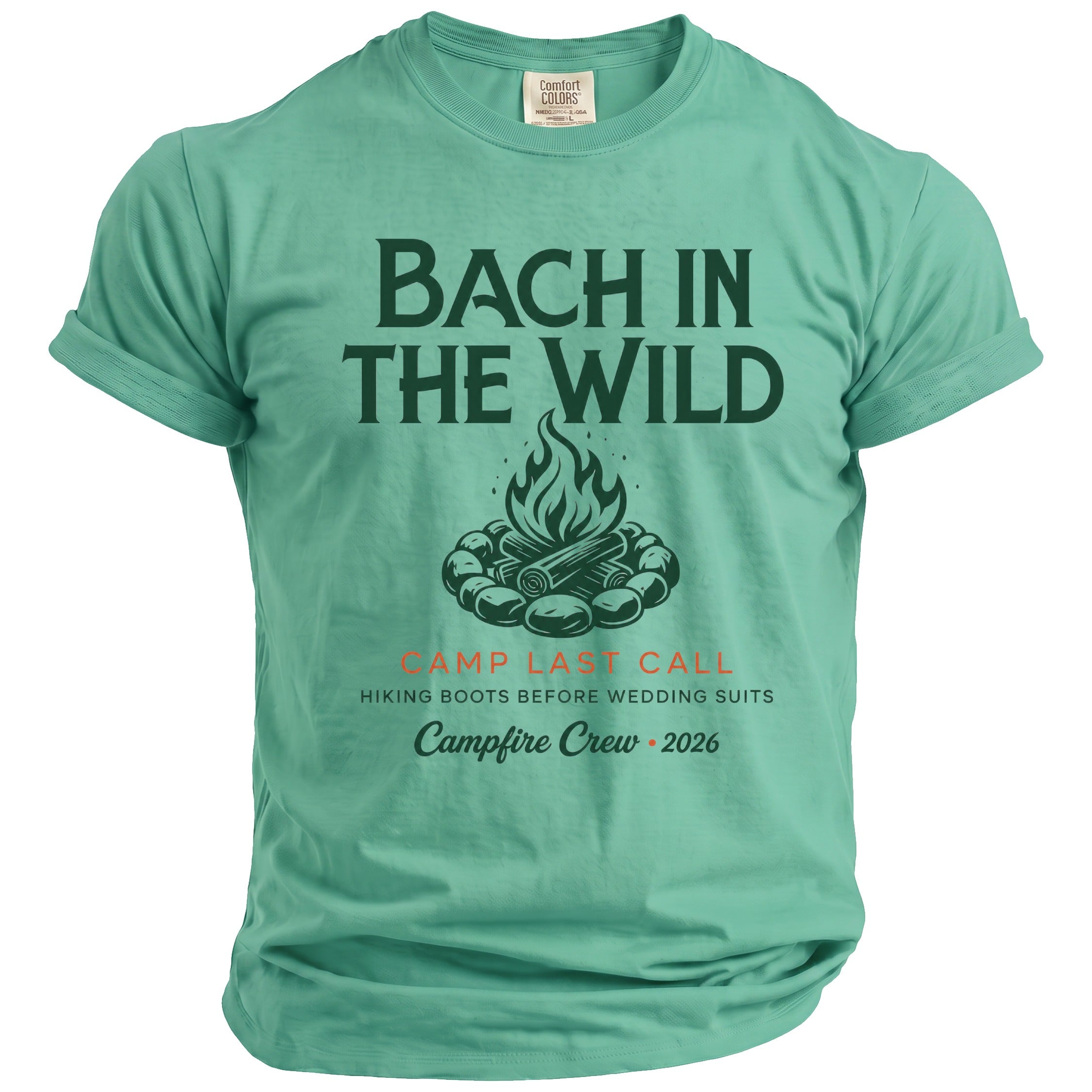 Green t-shirt with "Bach in the Wild" and campfire graphic.