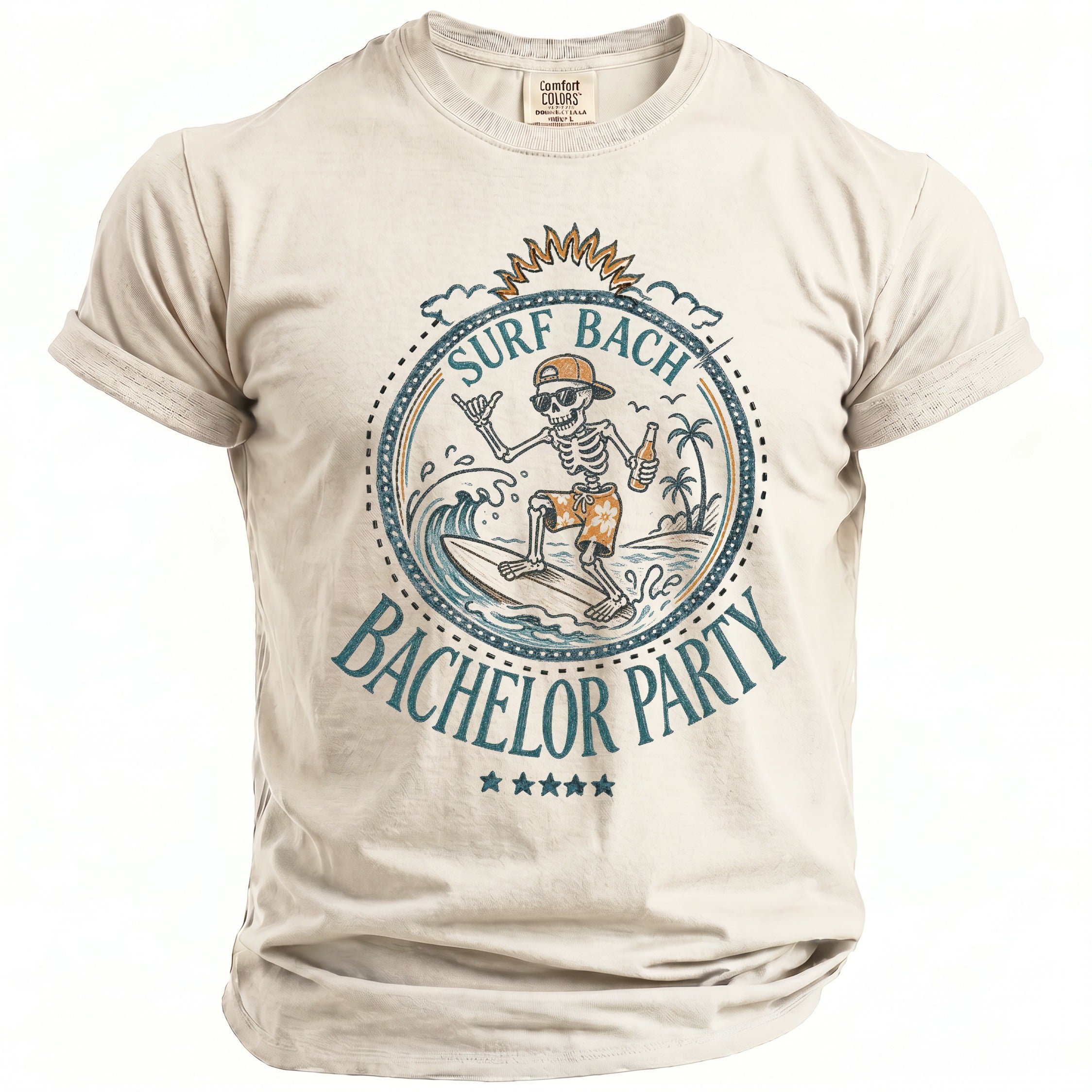 Light tan t-shirt with skeleton surfing graphic and text "Surf Bach Bachelor Party".