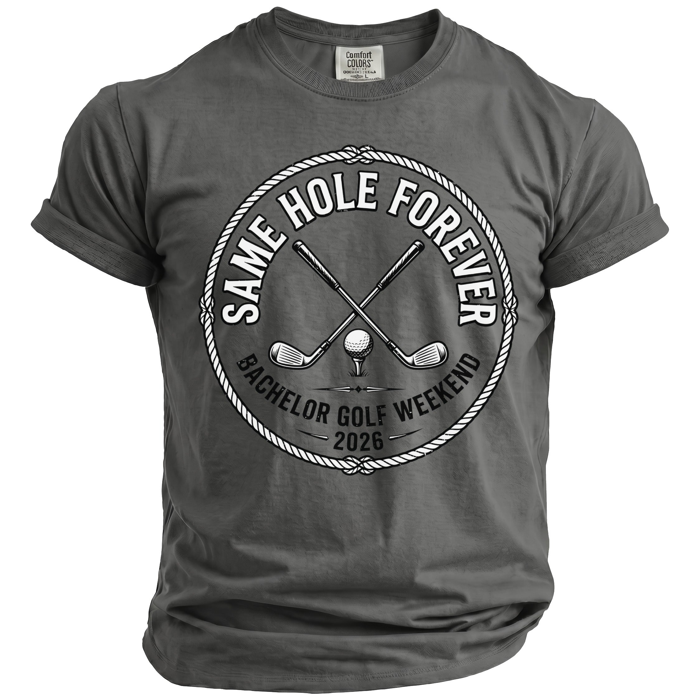 Grey t-shirt with "Same Hole Forever Bachelor Golf Weekend 2026" graphic.