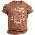 Brown t-shirt with "Last Swing Before the Ring" graphic including golfers and text.