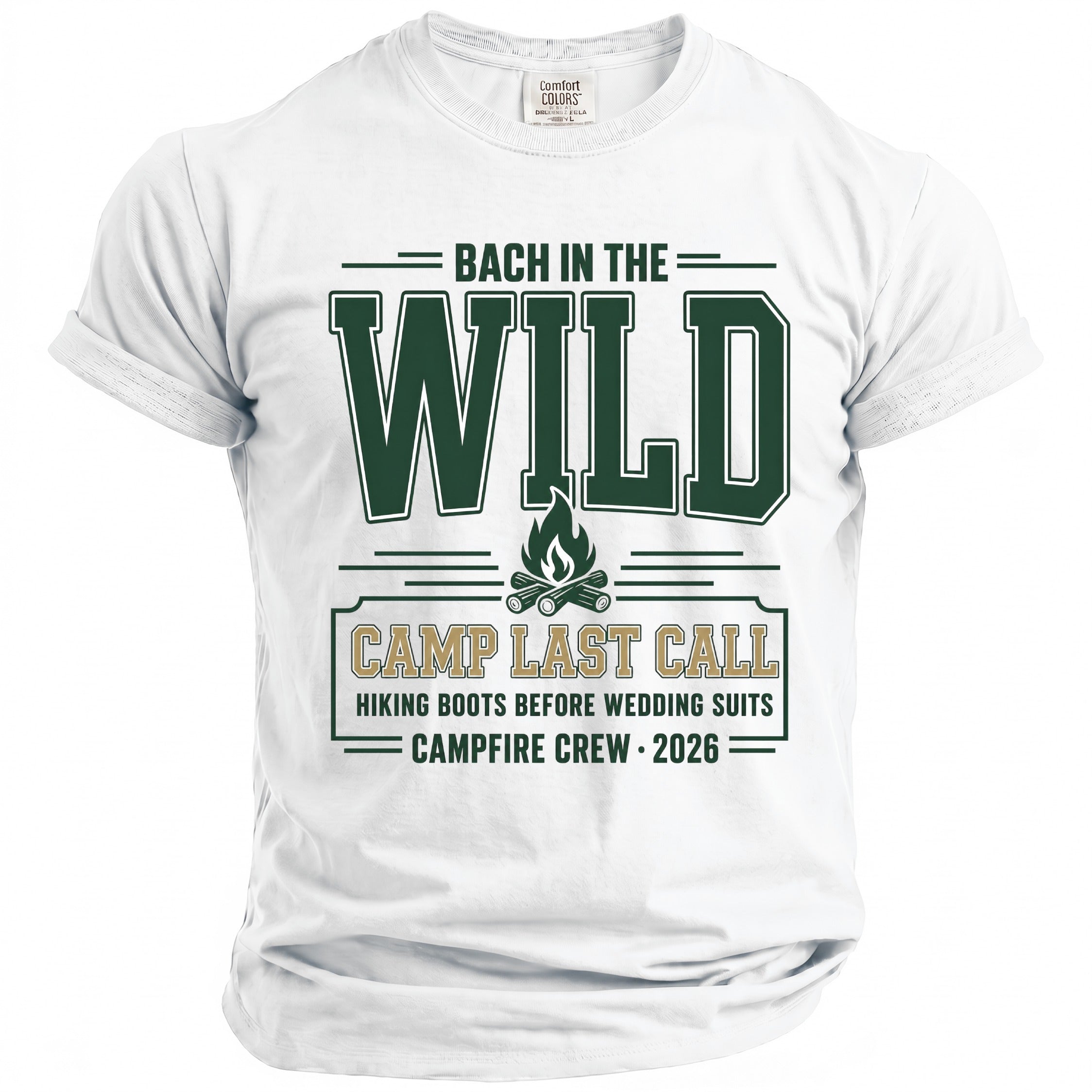 White t-shirt with "Bach in the Wild" and "Camp Last Call" text.