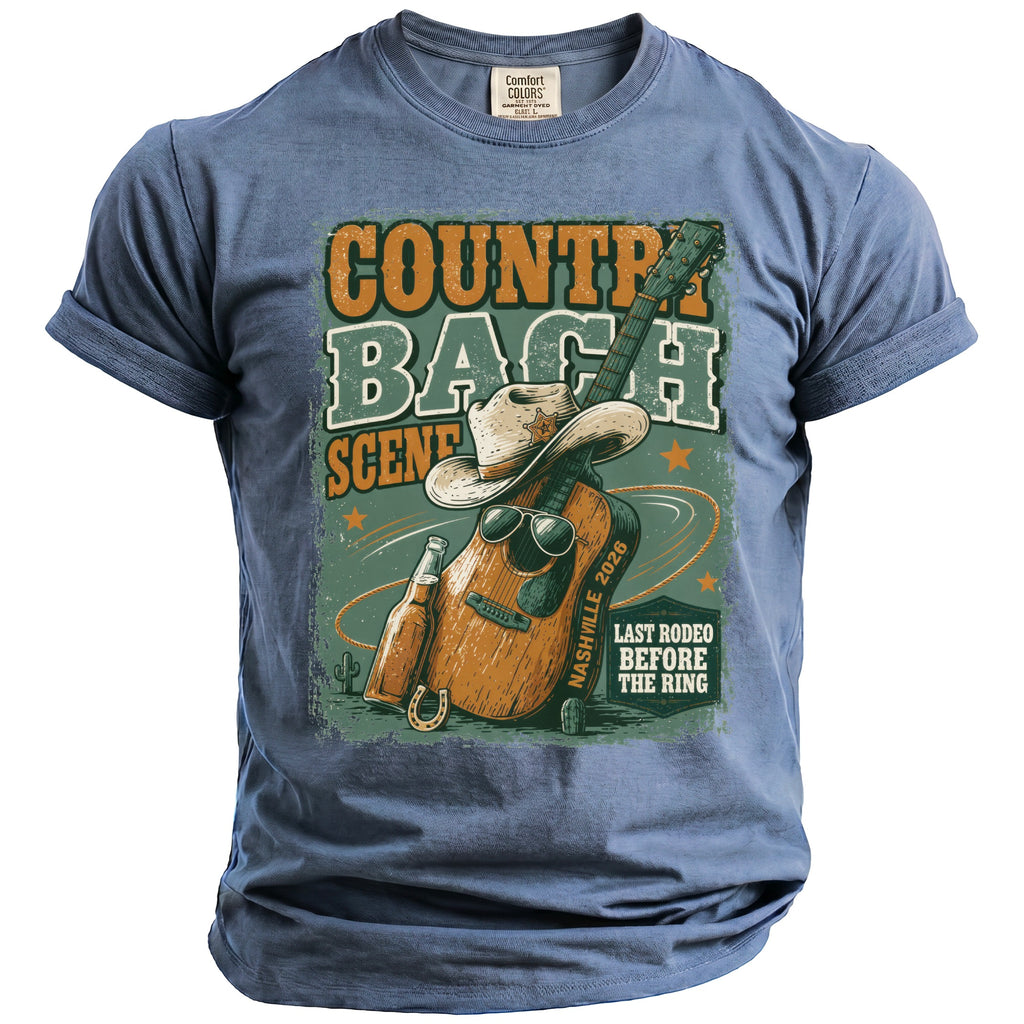 Blue t-shirt with "Country Bash Scene Nashville 2026" graphic featuring guitar, hat, and bottle.