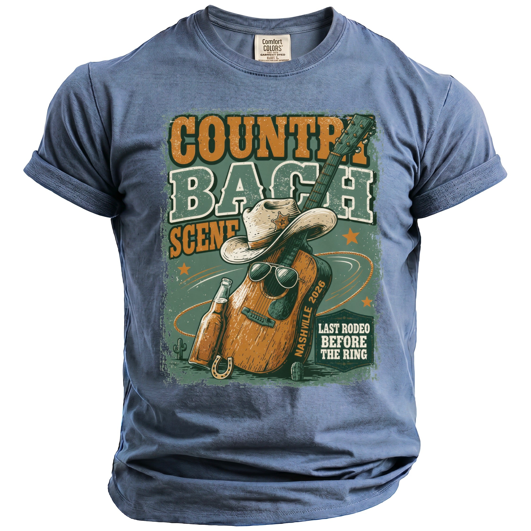 Blue t-shirt with "Country Bash Scene Nashville 2026" graphic featuring guitar, hat, and bottle.