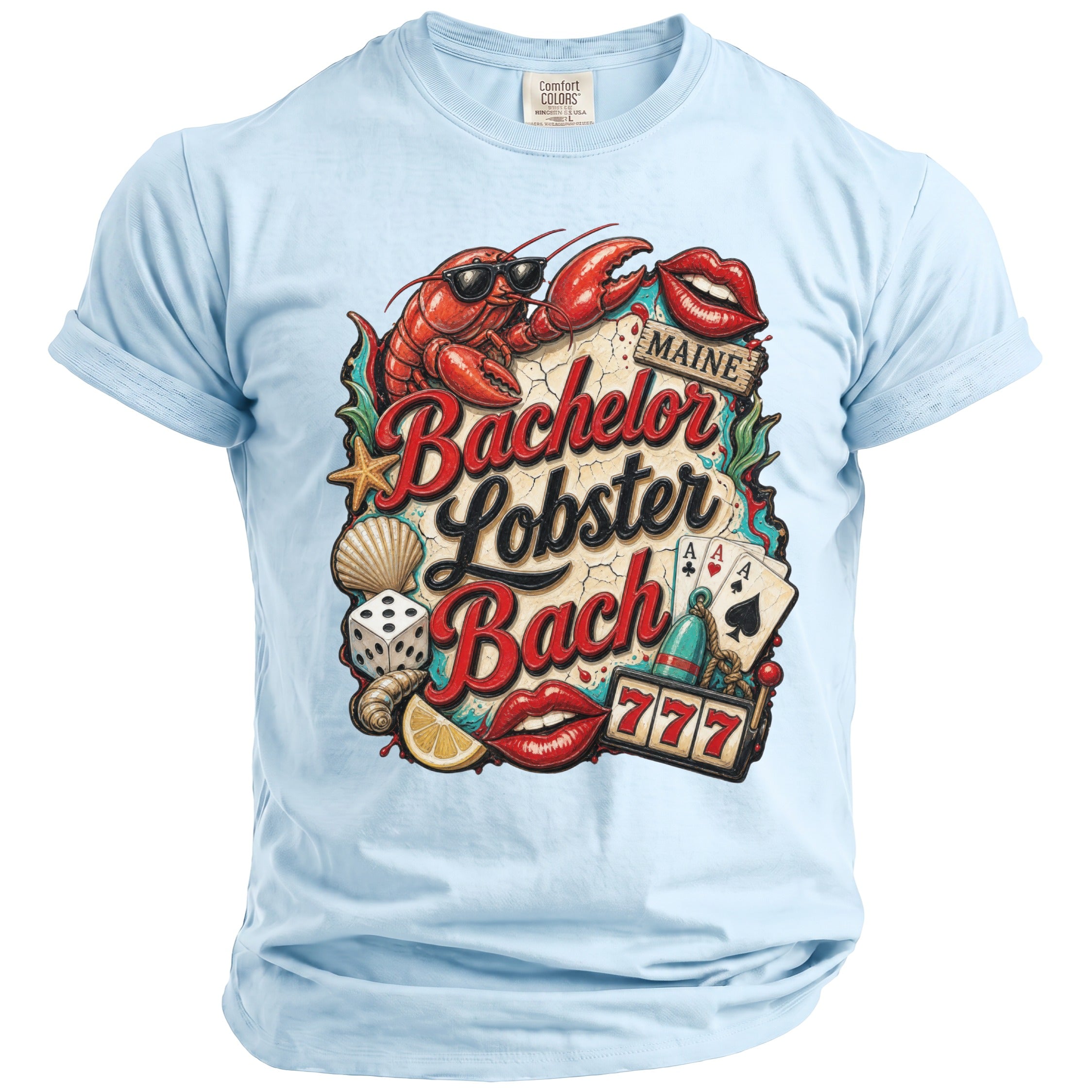 Light blue shirt with "Bachelor Lobster Bach Maine" graphic featuring a lobster, lips, dice, and cards.
