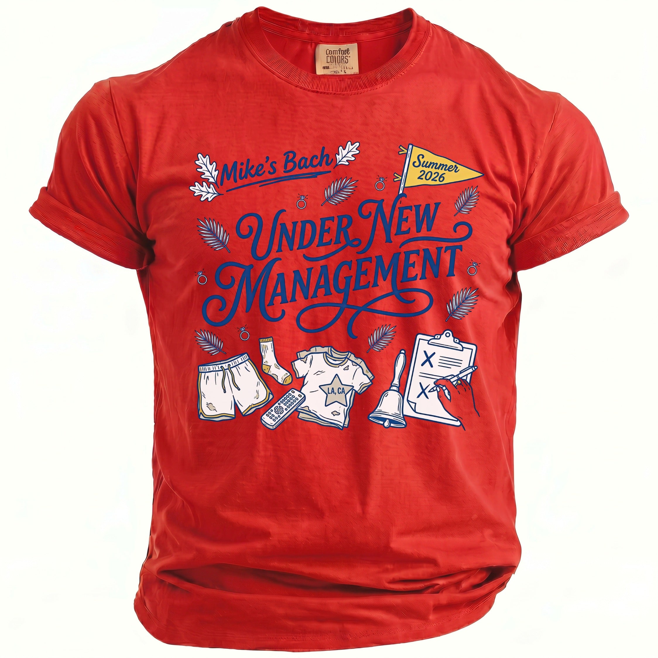 Red t-shirt with "Mike's Bach UNDER NEW MANAGEMENT Summer 2026" graphic.
