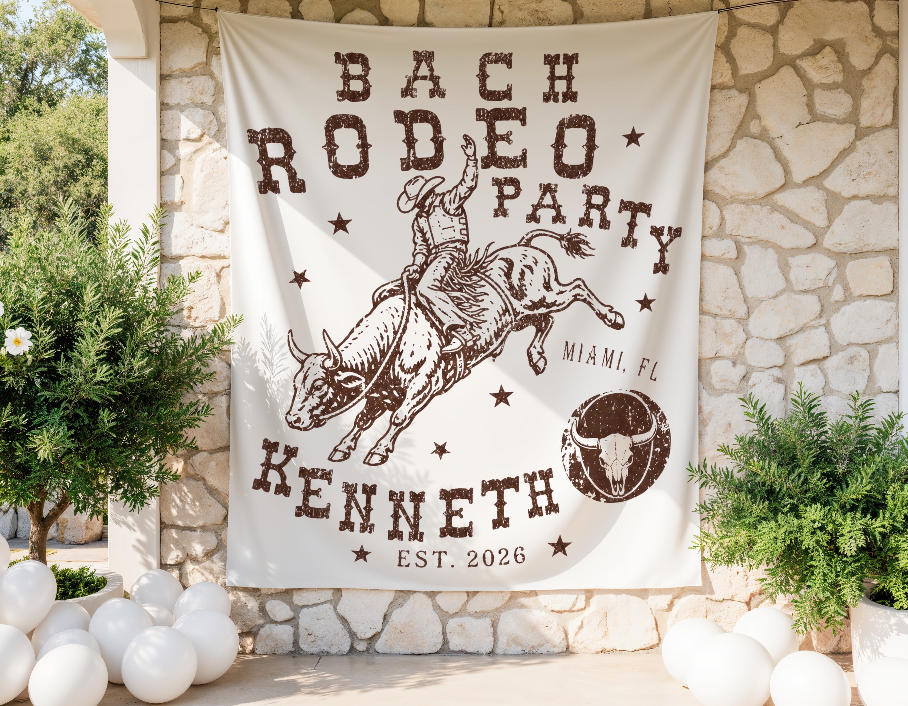 "Bach Rodeo Party" banner with bull rider, Kenneth, Miami FL, est. 2026