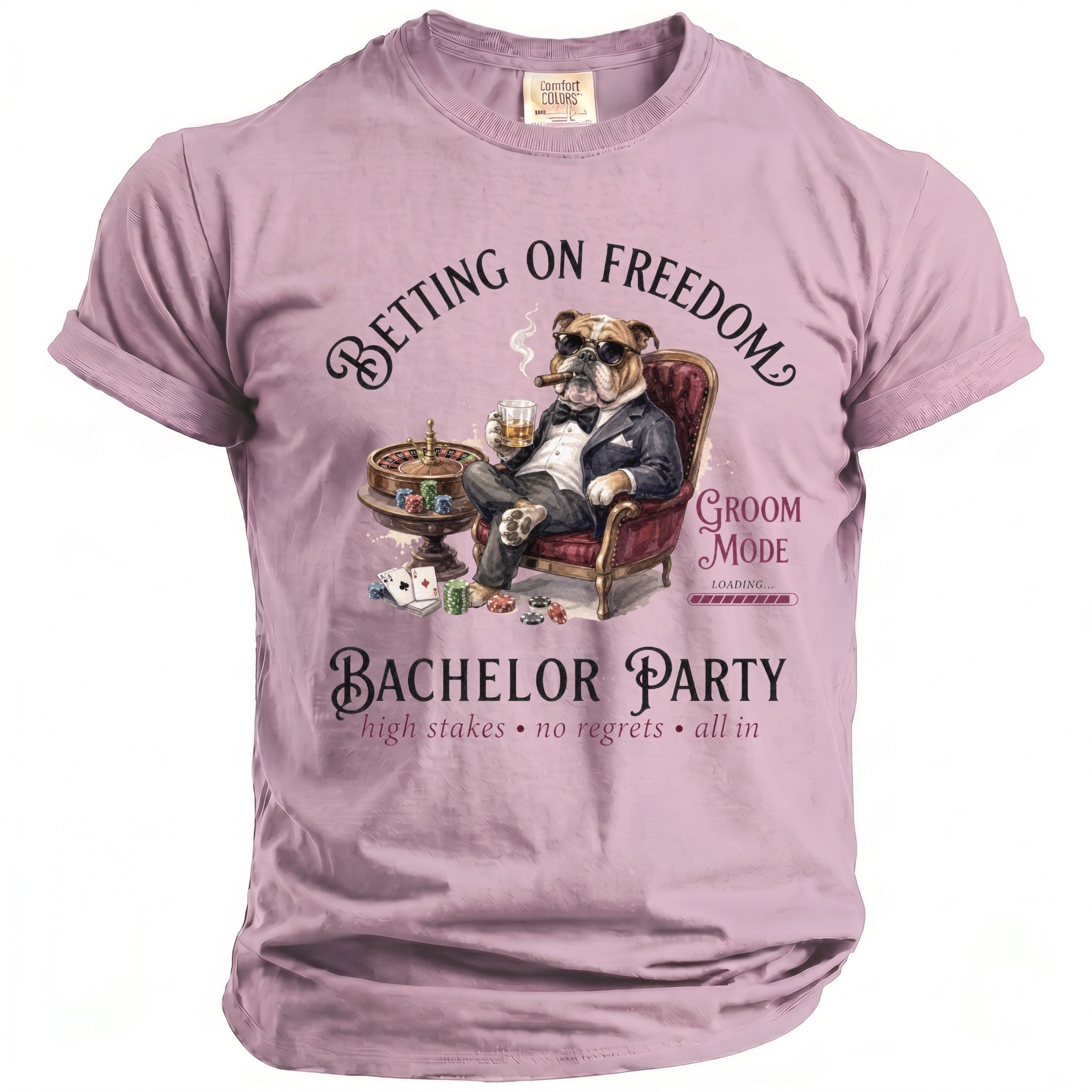 Bulldog in suit at casino table with "Bachelor Party" and "Groom Mode" text.