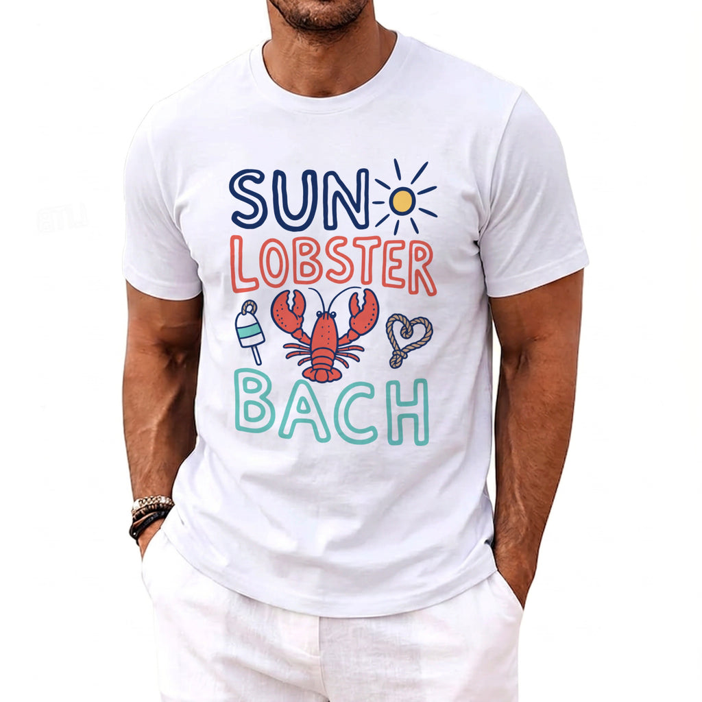 White t-shirt with "SUN LOBSTER BACH" text and graphics.