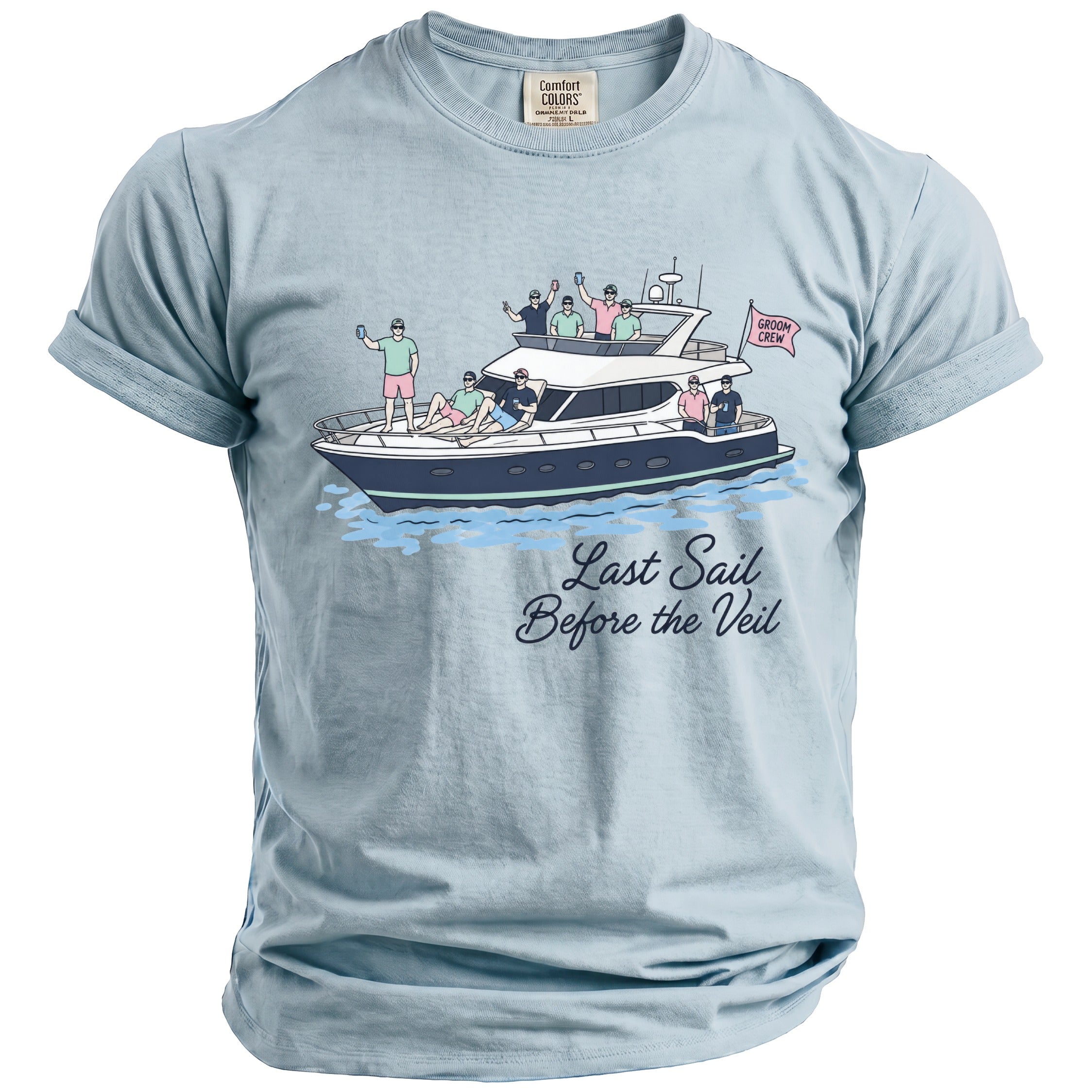 Light blue t-shirt with graphic of men on a yacht and text "Last Sail Before the Veil".