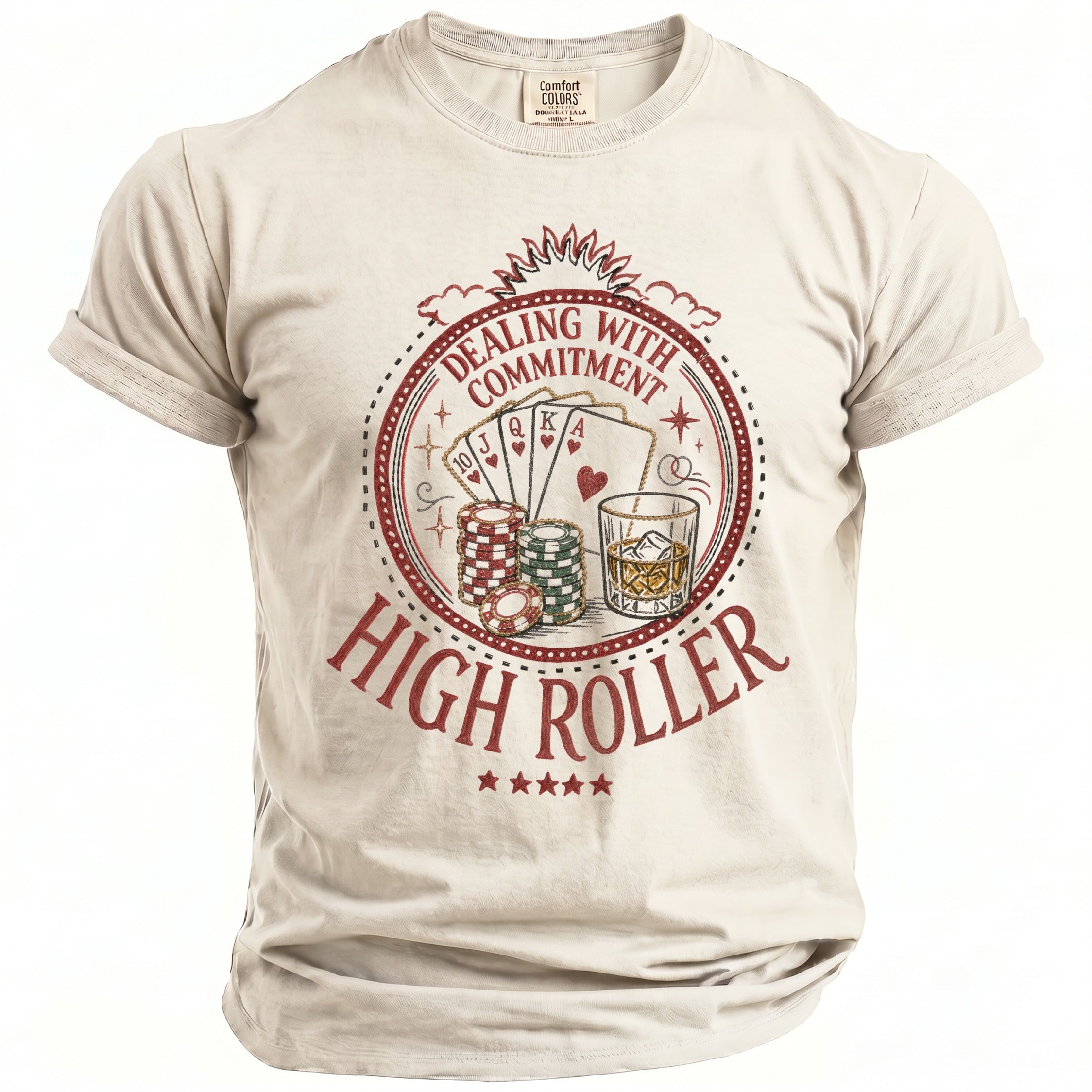 T-shirt with gambling theme graphic featuring playing cards, poker chips, and whiskey.