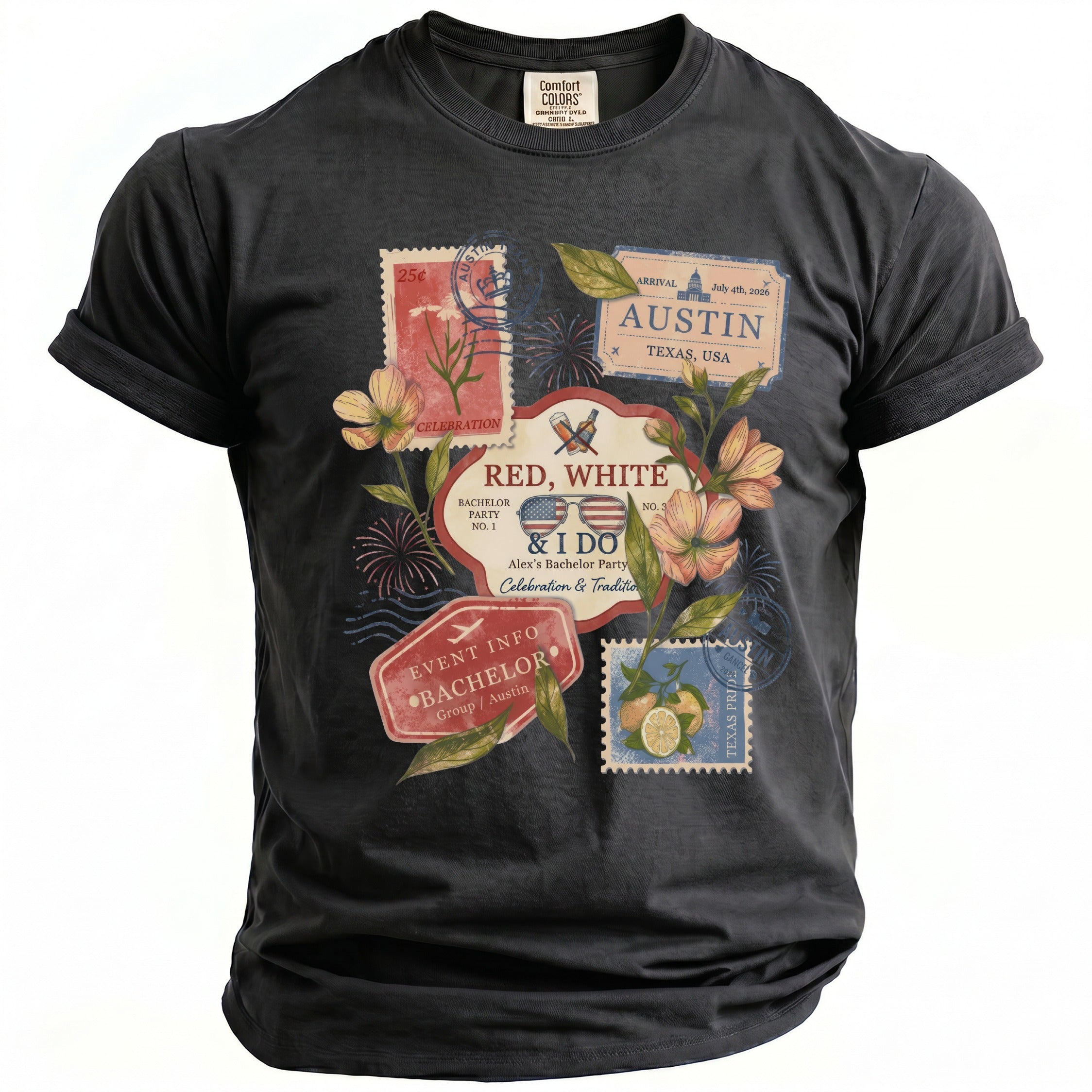 Dark t-shirt with vintage travel stamps celebrating a bachelor party in Austin, Texas.