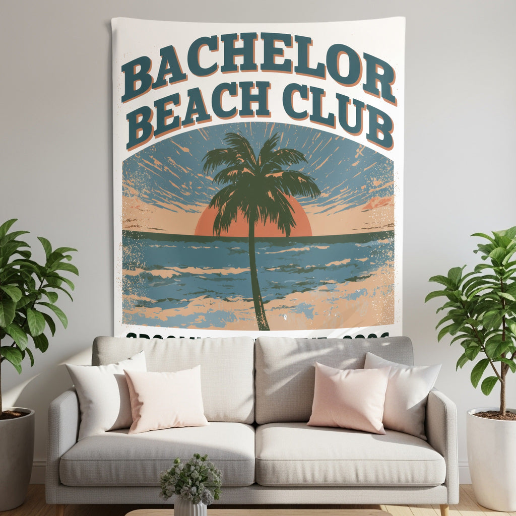 Tapestry reads "Bachelor Beach Club" over a palm tree, beach, and sunset scene.
