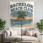 Tapestry reads "Bachelor Beach Club" over a palm tree, beach, and sunset scene.