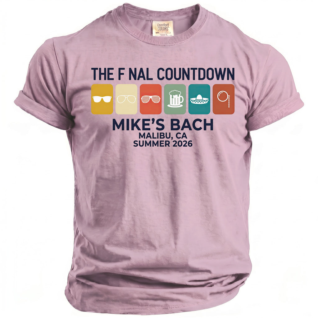 Light purple t-shirt with "The Fnal Countdown Mike's Bach Malibu, CA Summer 2026" and icons.