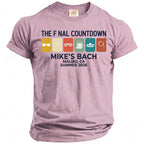 Light purple t-shirt with "The Fnal Countdown Mike's Bach Malibu, CA Summer 2026" and icons.