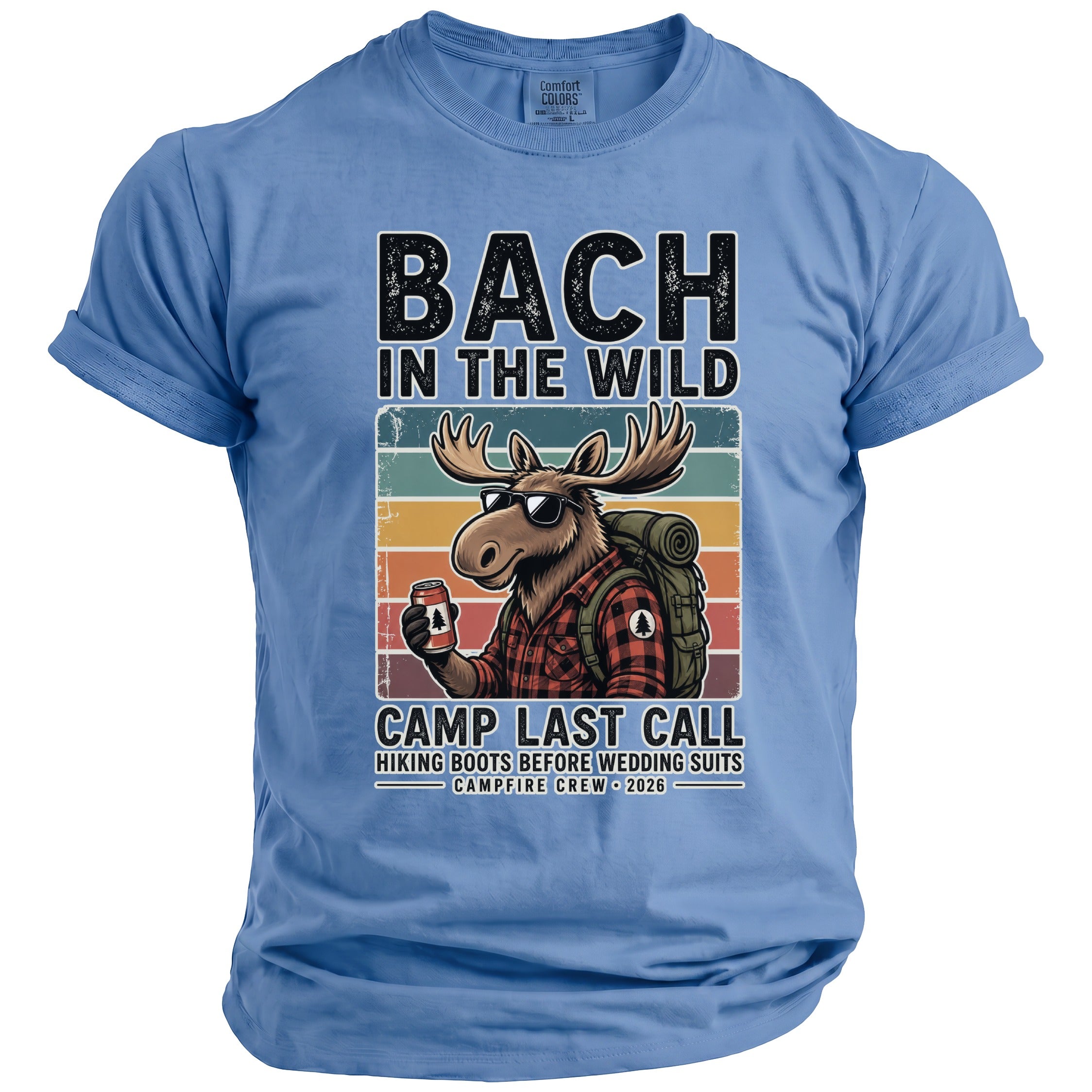 Shirt with moose in sunglasses holding a drink, text reads "Bach in the Wild".