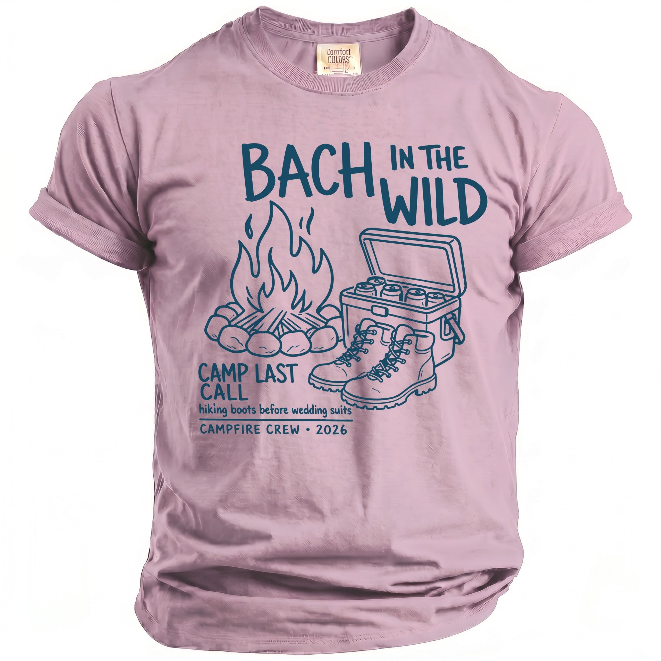 Pink t-shirt with "Bach in the Wild" graphic: campfire, cooler, boots, and text.