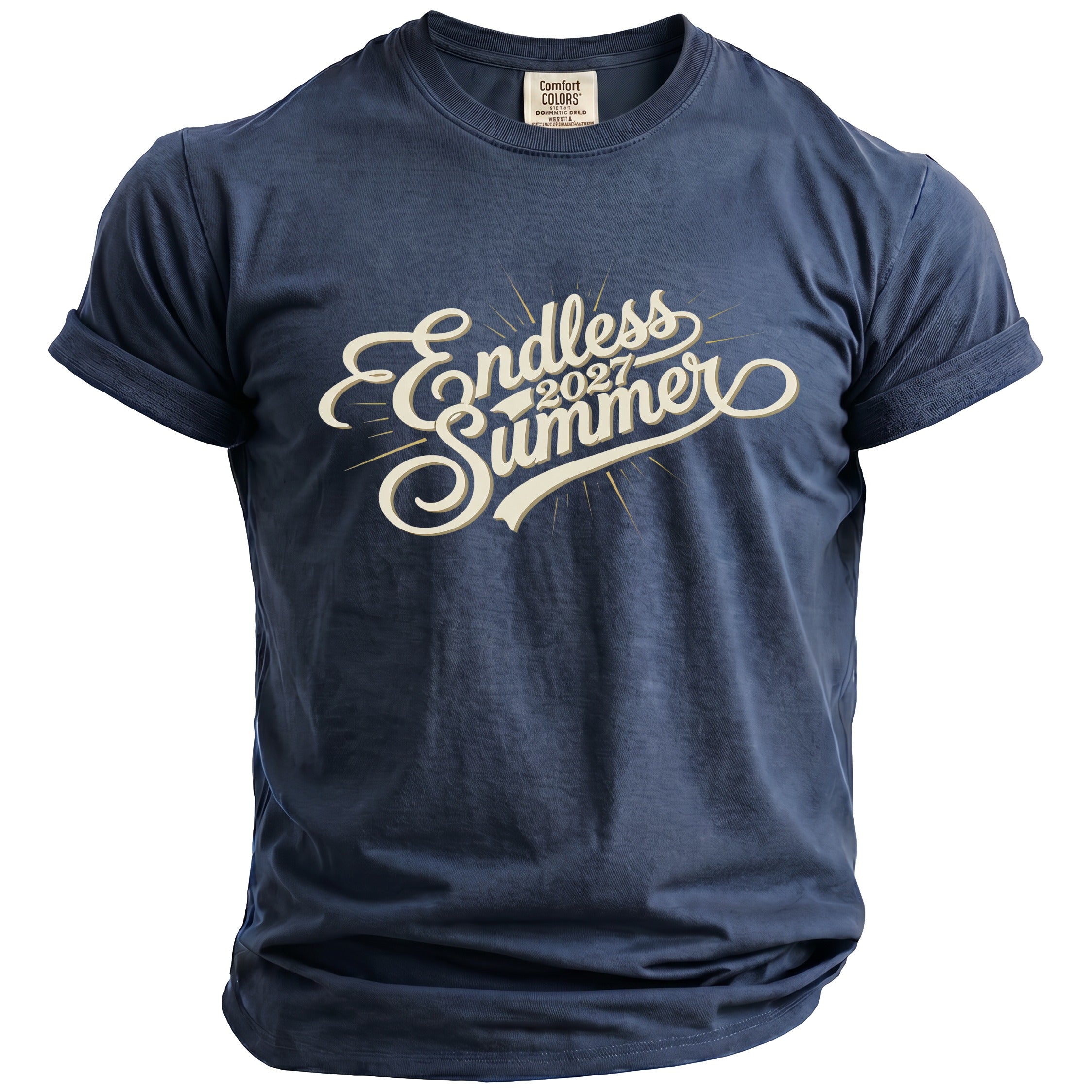 Navy Comfort Colors t-shirt with "Endless Summer 2027" text graphic.