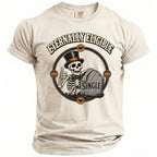 Skeleton in top hat gives thumbs up leaning on tombstone with "SINGLE" text.