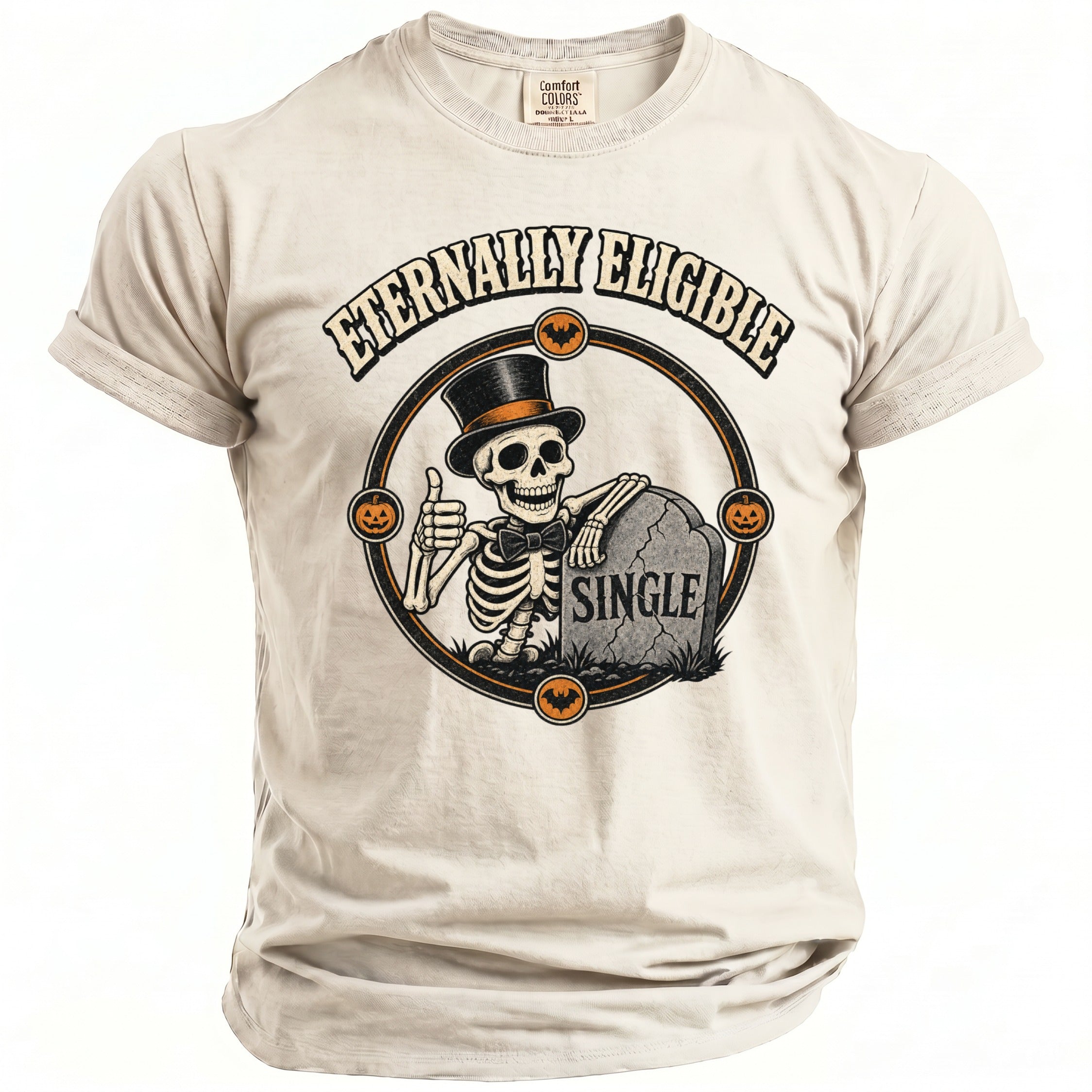 Skeleton in top hat gives thumbs up leaning on tombstone with "SINGLE" text.