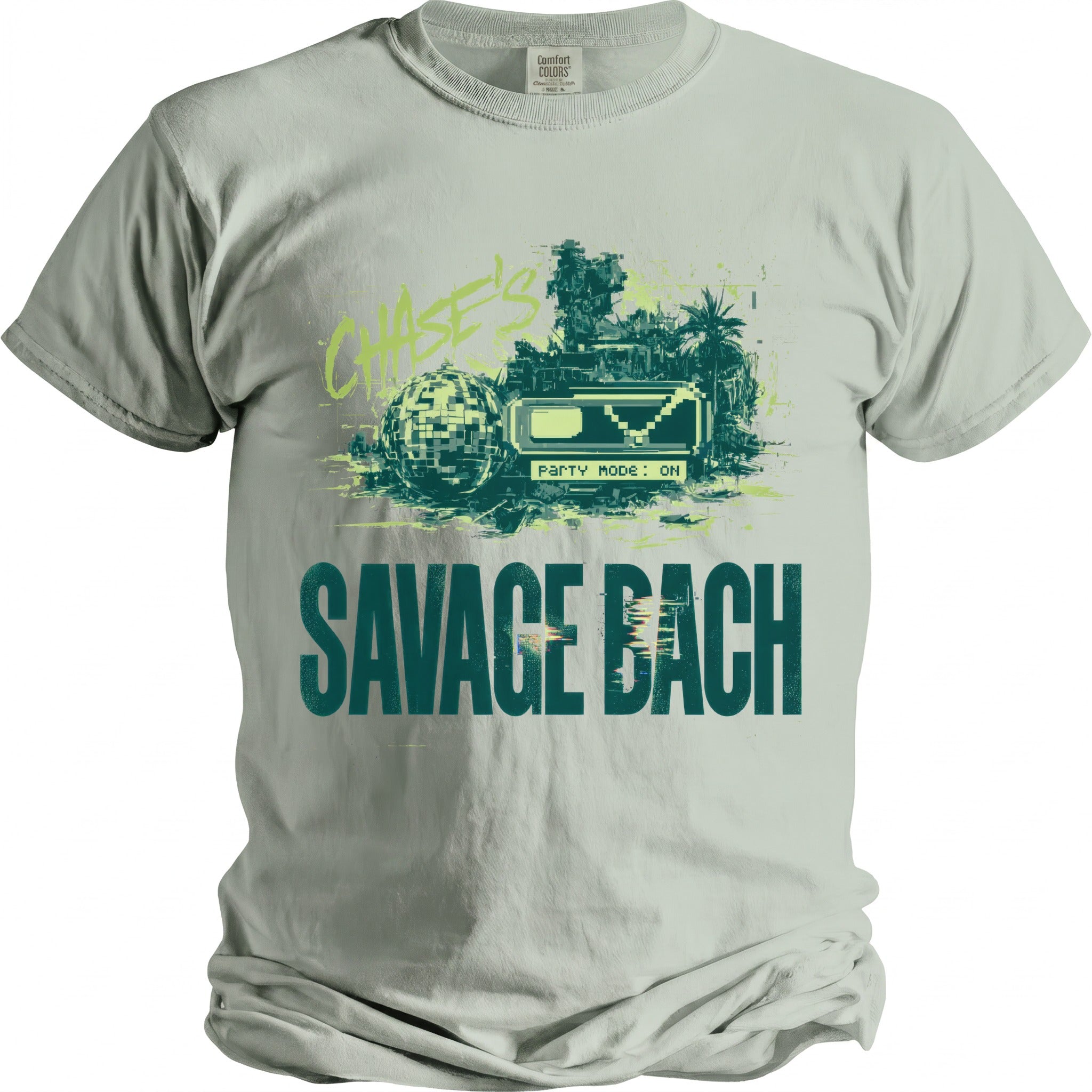 Light grey t-shirt with "CHASE'S" and "SAVAGE BACH" text, disco ball, and pixelated scene.