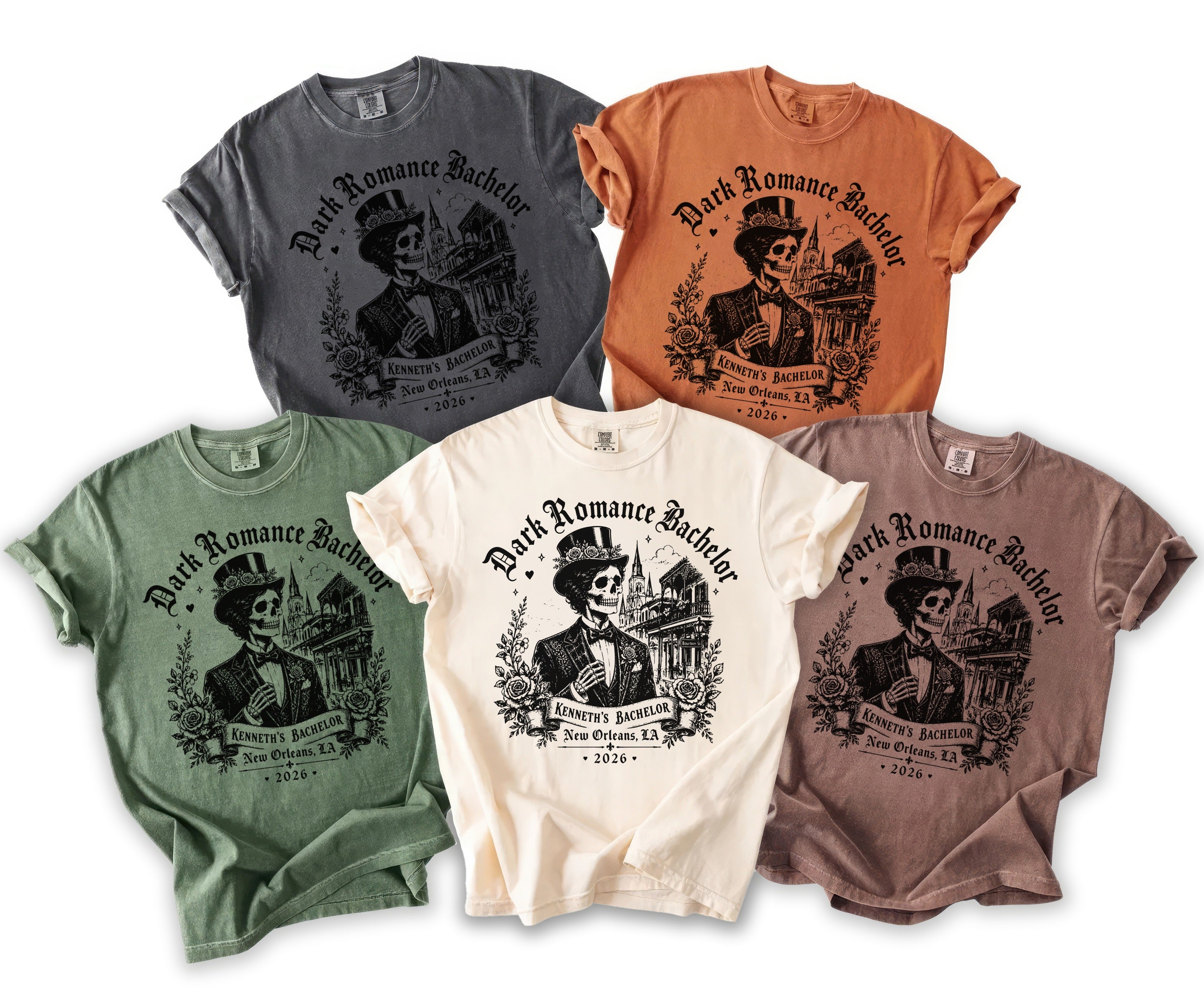 Five t-shirts in different colors display a skeleton in a tuxedo with text "Dark Romance Bachelor".