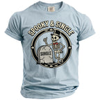 Light blue t-shirt with skeleton, tombstone, and "Spooky & Single" text graphic.