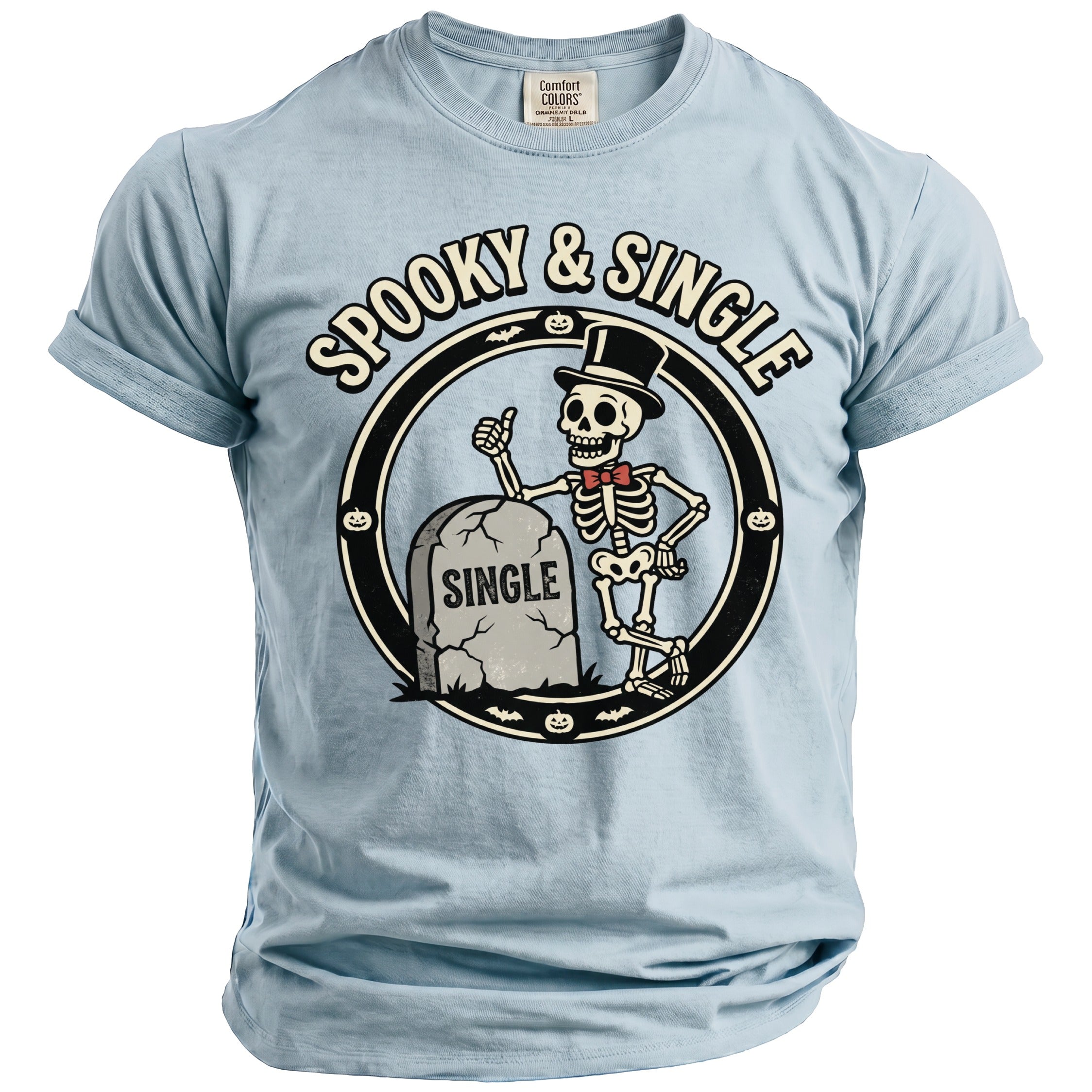 Light blue t-shirt with skeleton, tombstone, and "Spooky & Single" text graphic.