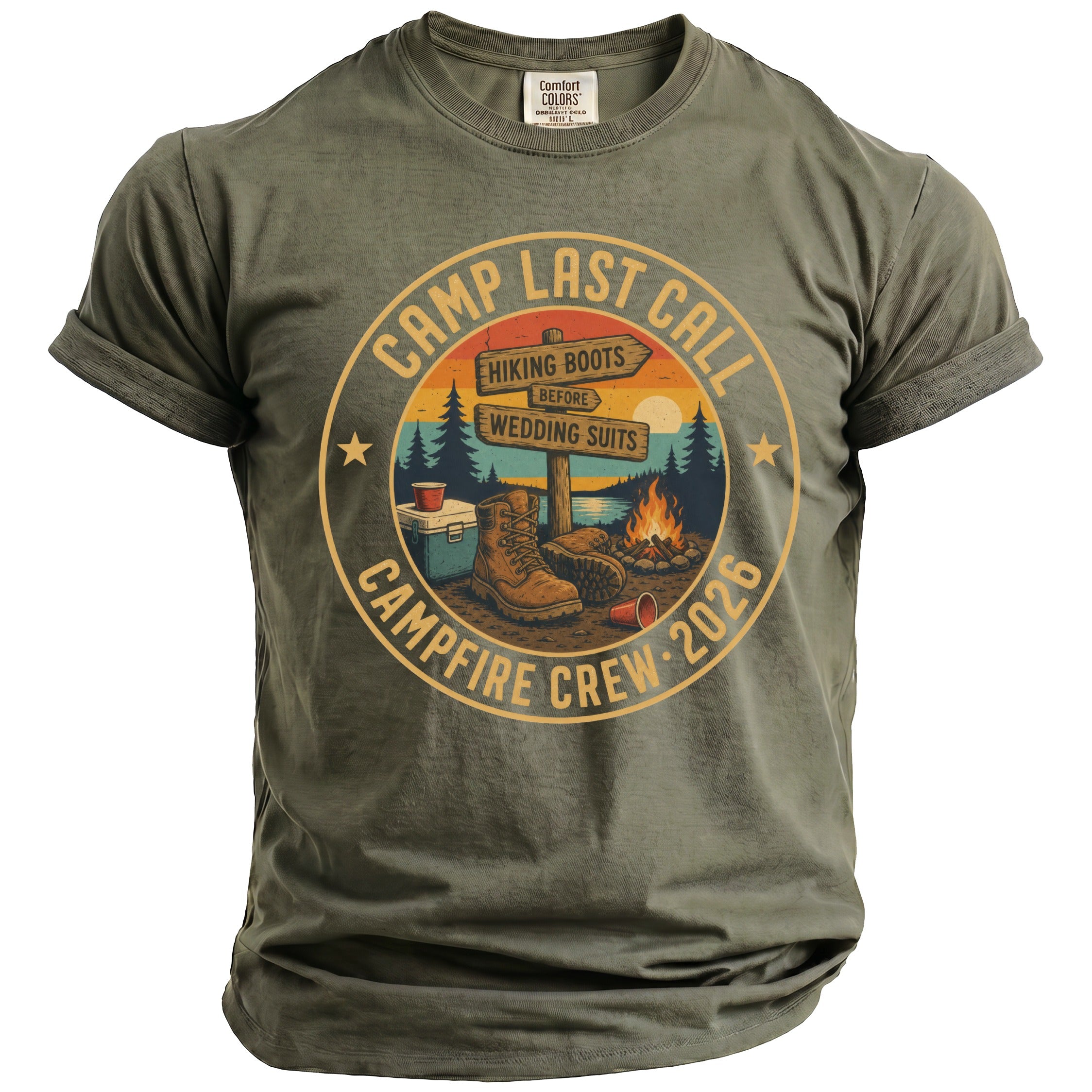 Green t-shirt with "Camp Last Call Campfire Crew 2026" graphic.