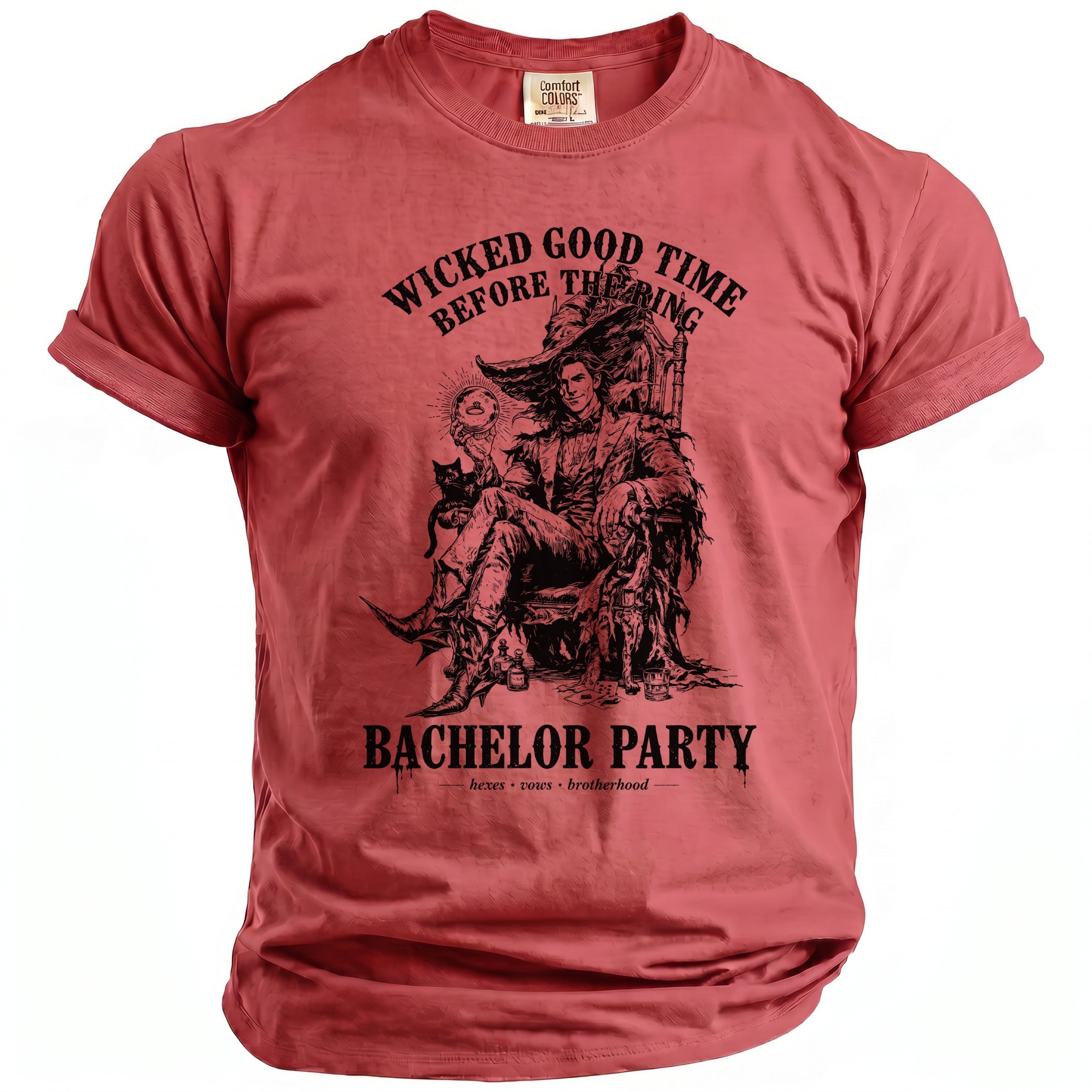 Red t-shirt with black print: "Wicked good time before the ring", man on throne, cat, and "Bachelor Party".