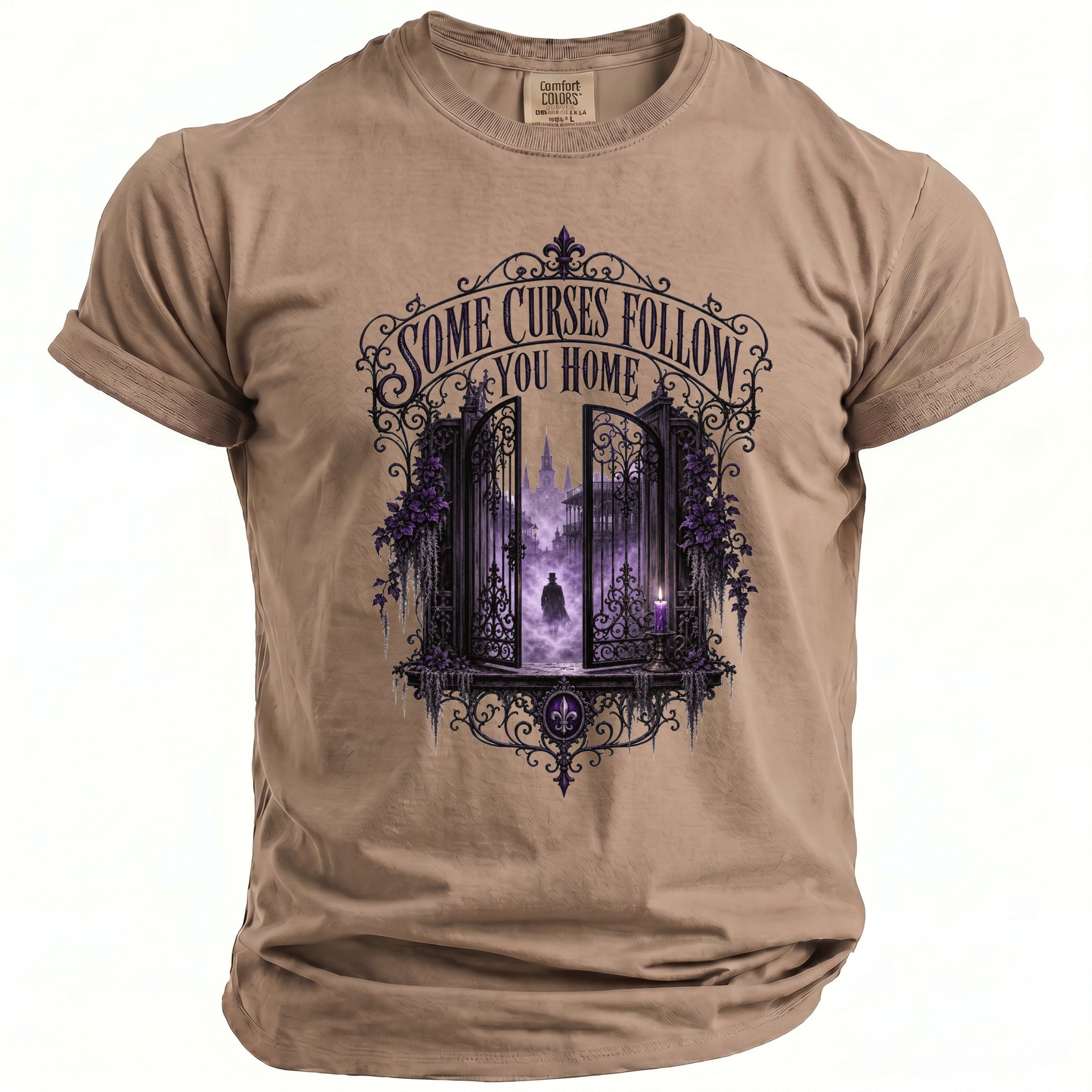 T-shirt with gothic gate graphic and text "SOME CURSES FOLLOW YOU HOME".